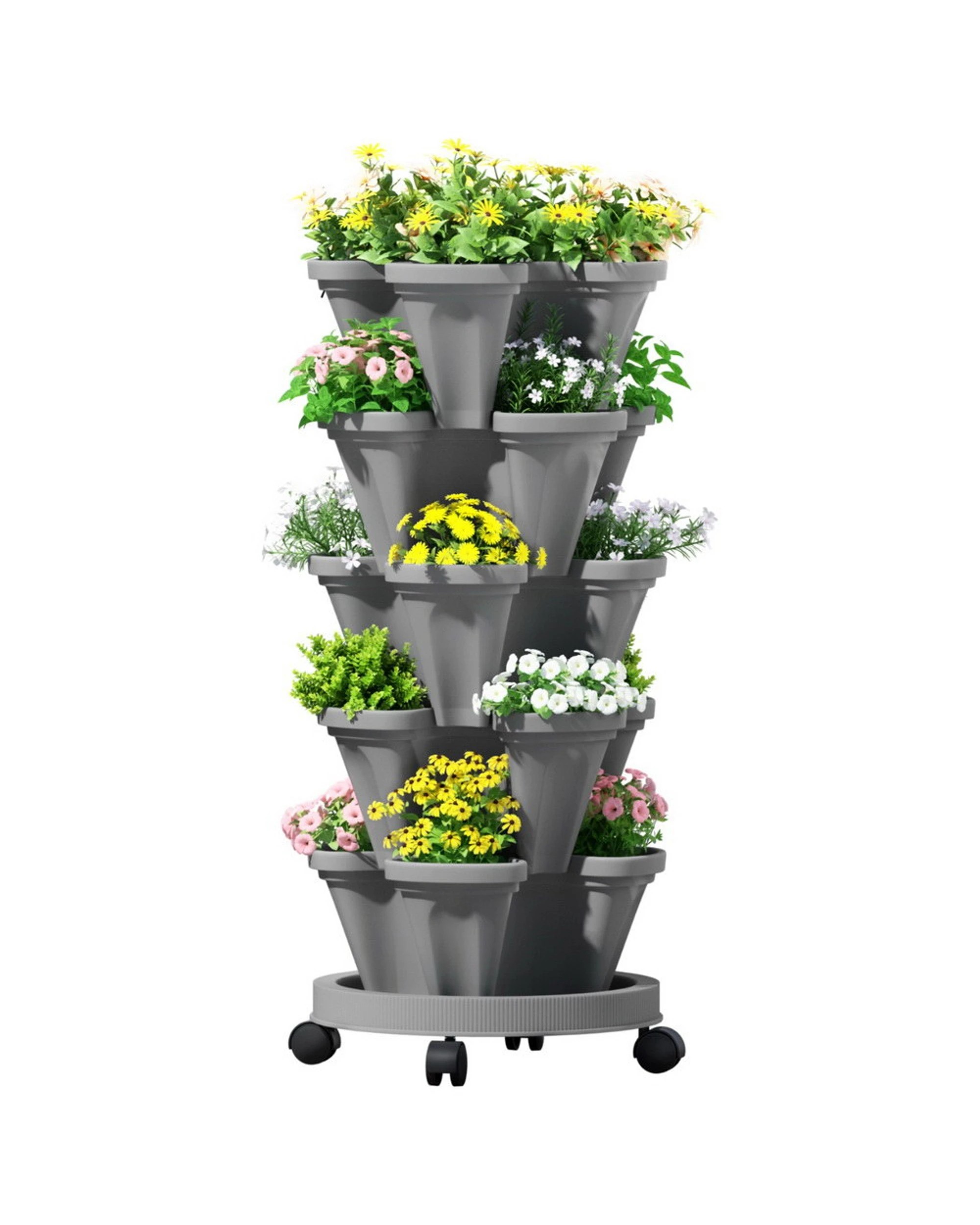 1 Green Fingers Raised Garden Bed 5 Tier Vertical Garden Strawberry Stackable Planters Herbs Petunias - Grey, 1 of 5