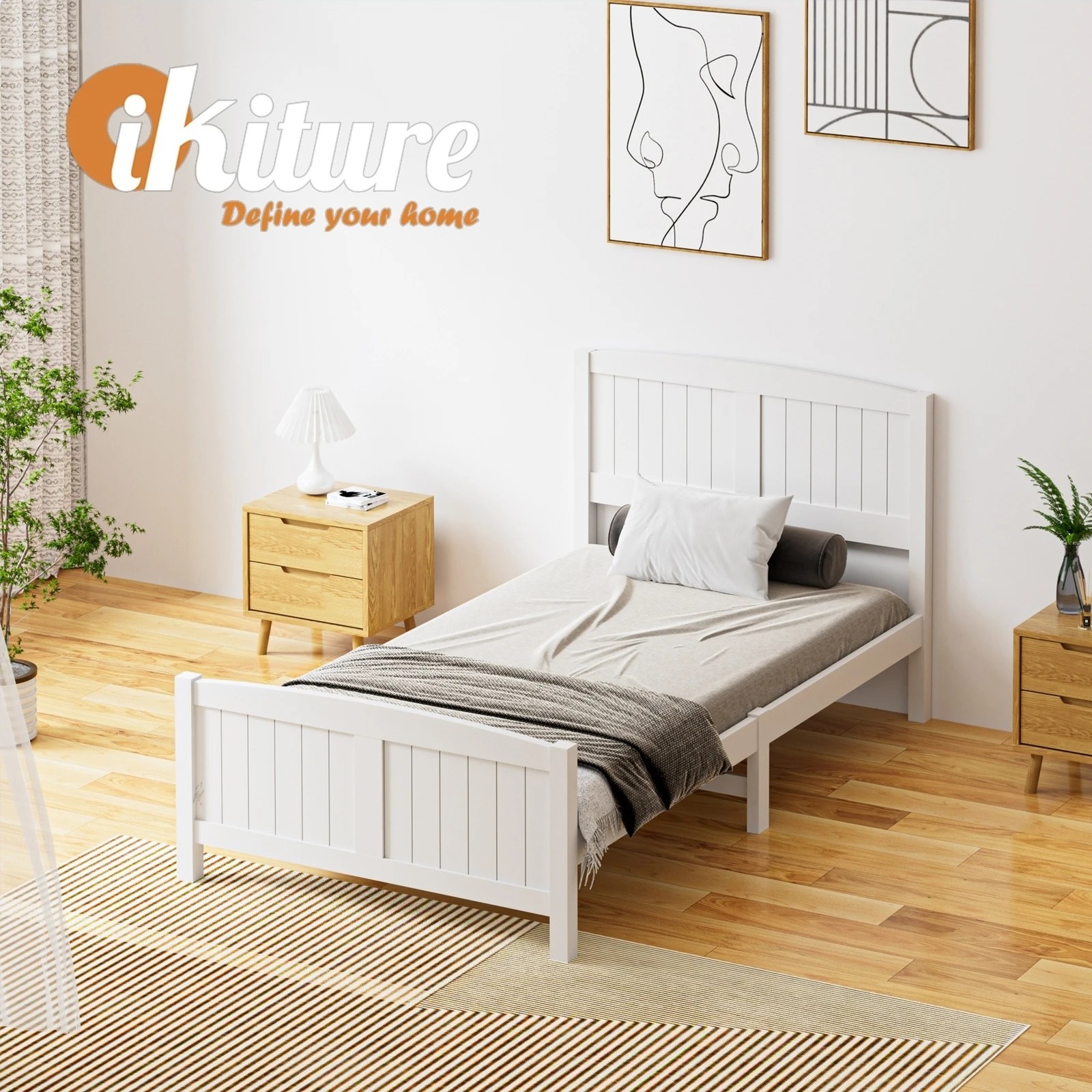 5 Oikiture Bed Frame King Singe Size Wooden Base Timber Platform
 - White, 5 of 10