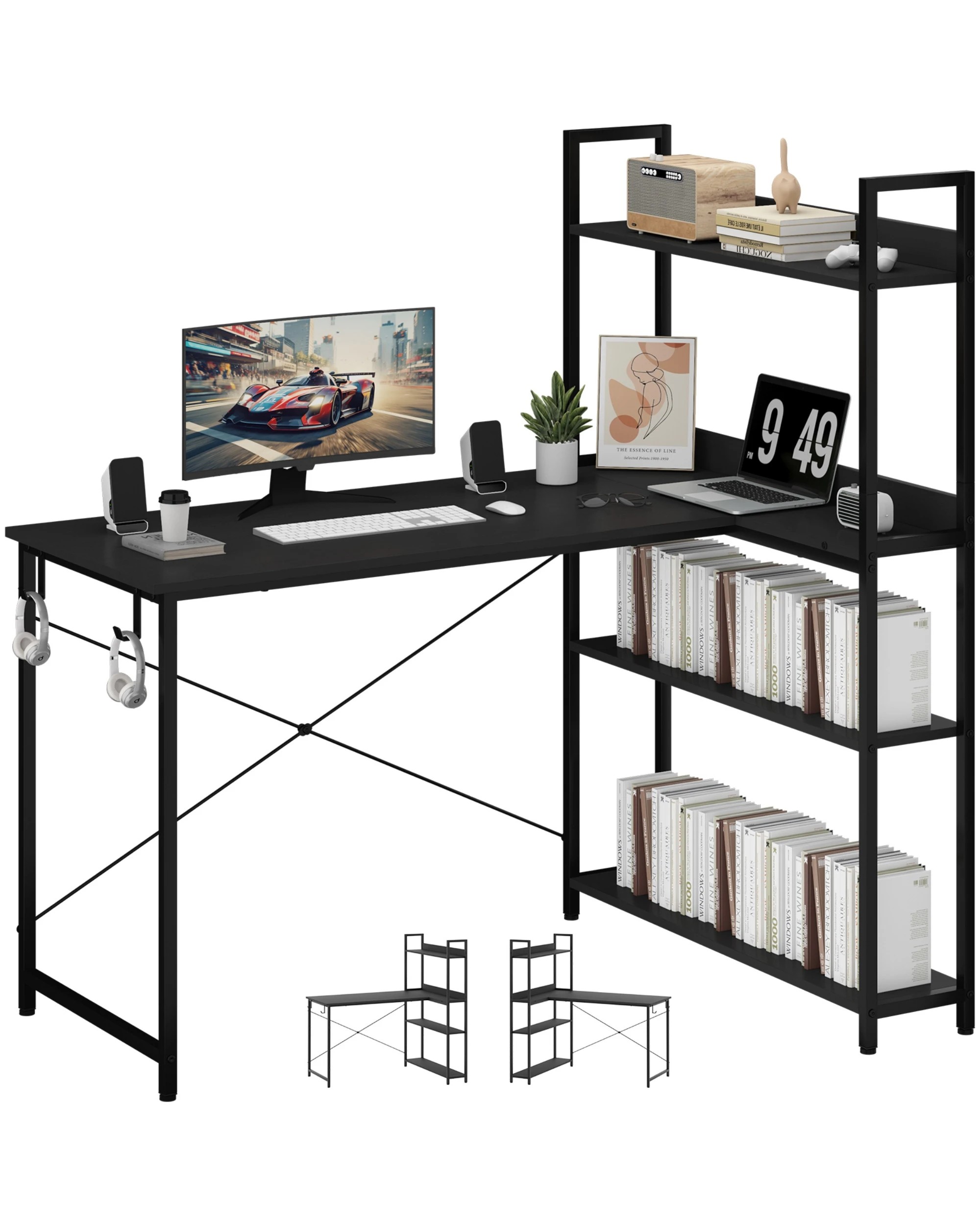 1 Advwin 110cm L Shaped Computer Desk With Reversible Storage Bookshelf Corner Desk Black, 1 of 8
