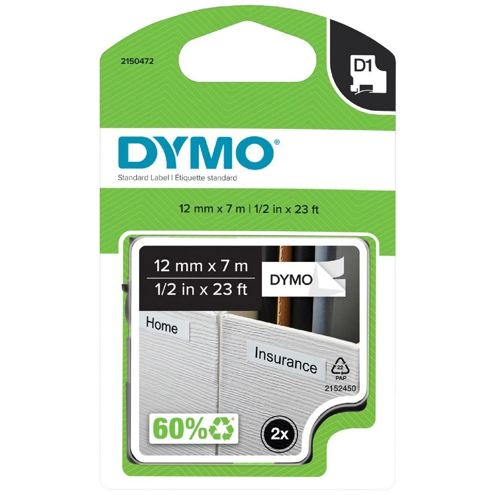 1 DYMO LabelManager D1 Label Tape 12mmx7m Black on White 2 Pack, 1 of 1
