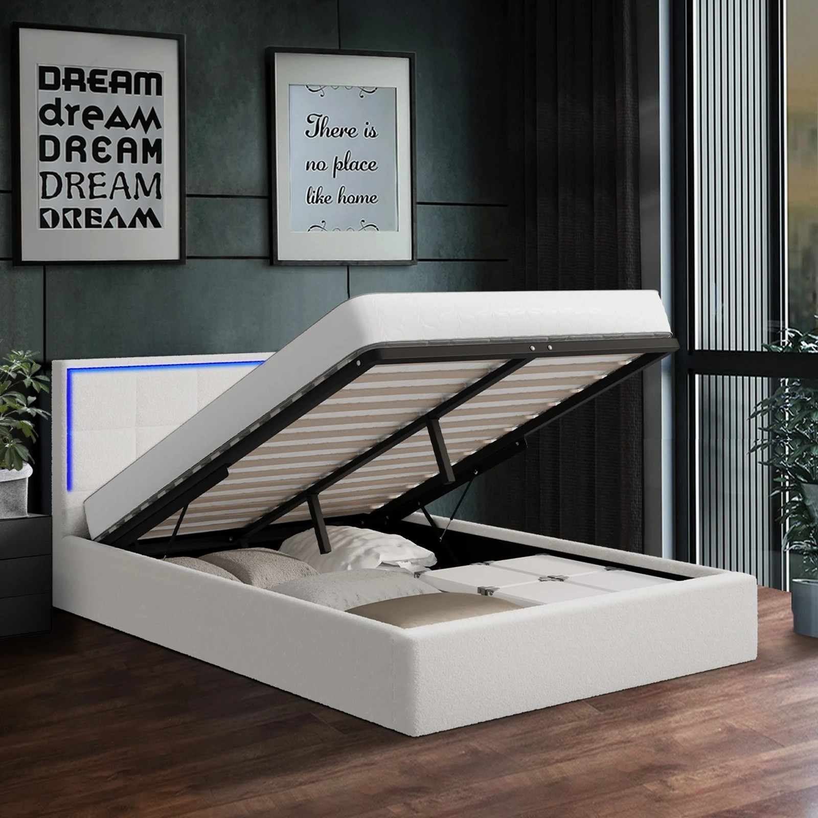 4 Oikiture Bed Frame Double Size RGB LED Gas Lift Storage Base Boucle - White, 4 of 9