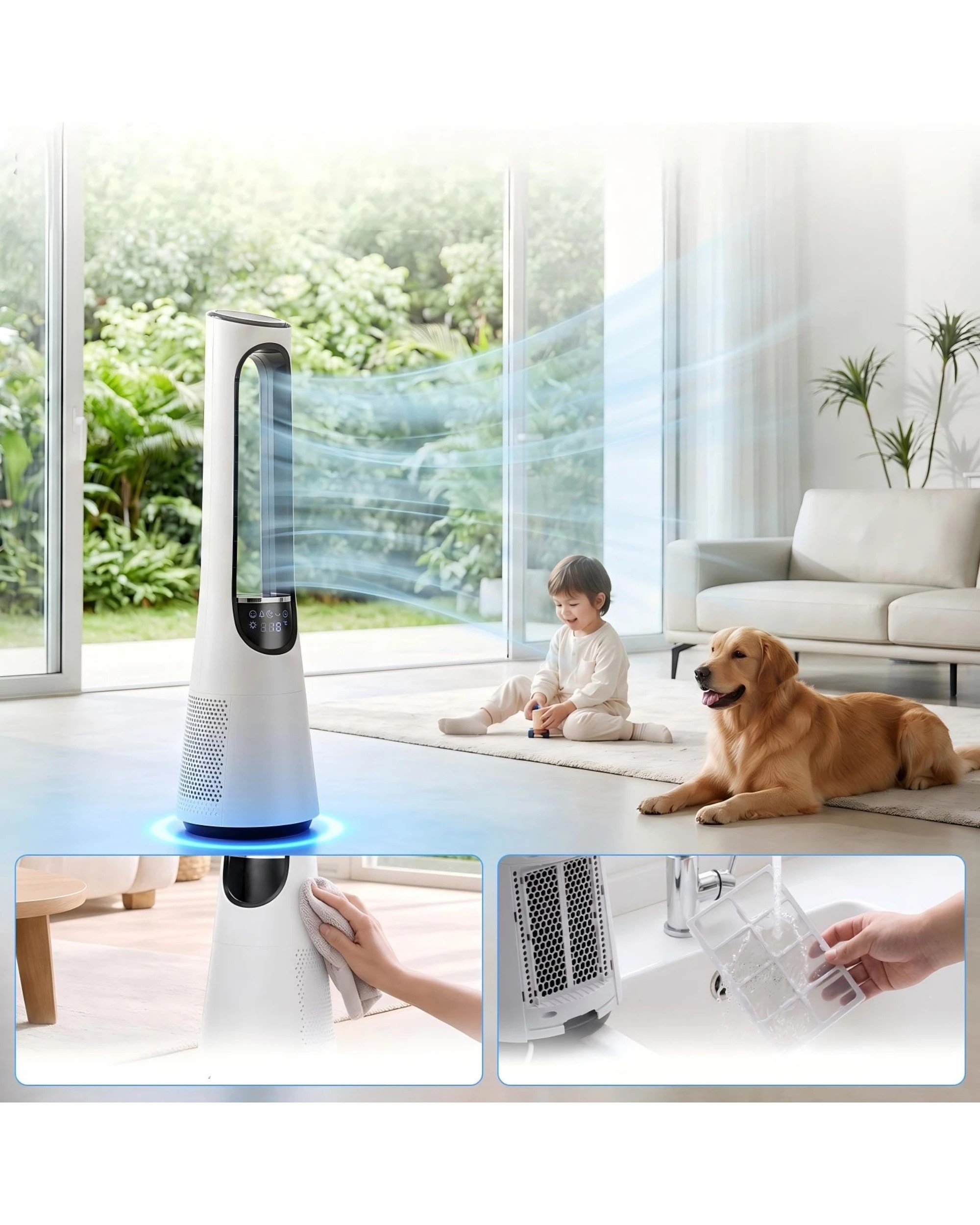 2 Yopower 97CM Bladeless Tower Fan with RGB Light 20-Speed 120° Oscillating Remote - White, 2 of 8