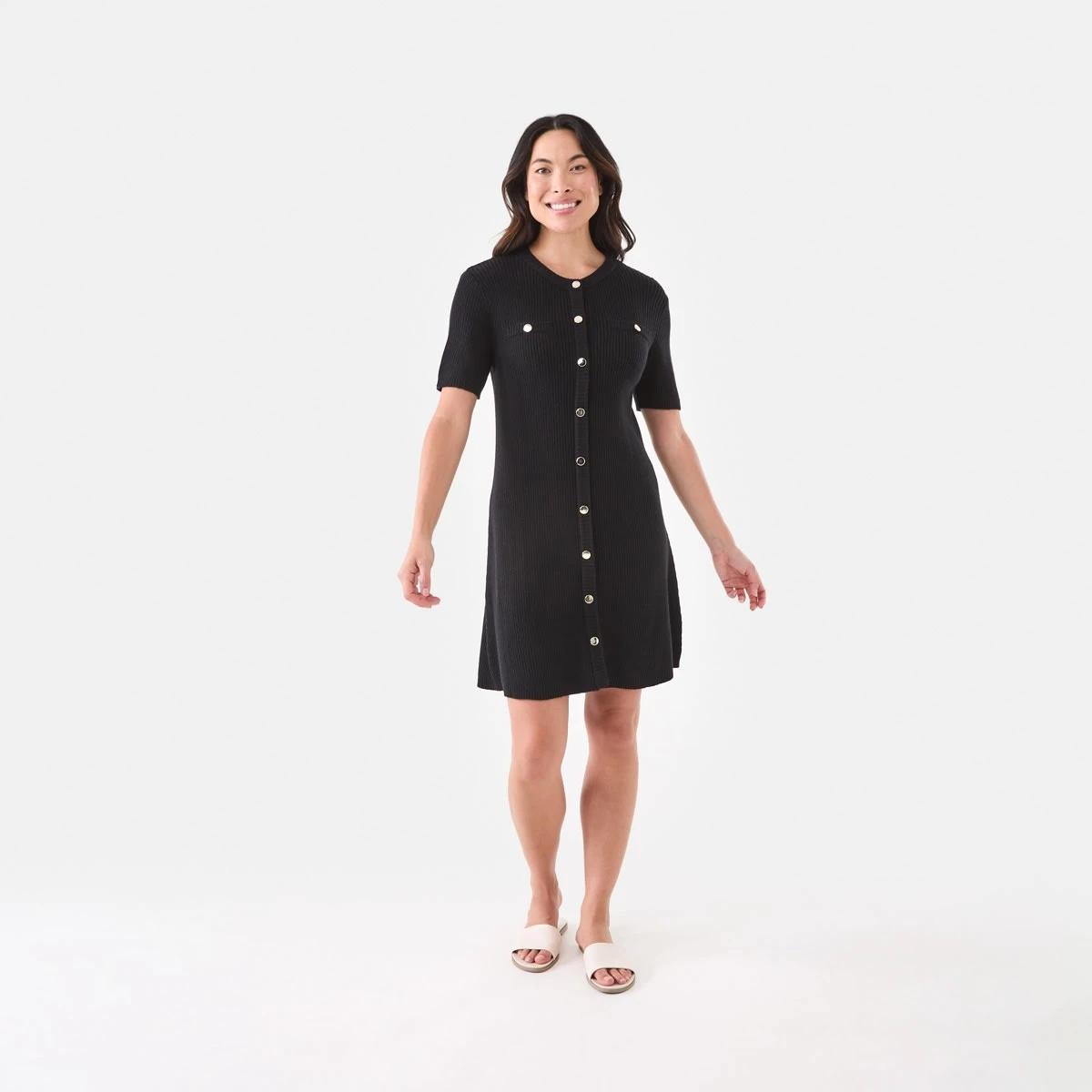 6 Short Sleeve Button Detail Knit Mini Dress Black, 6 of 6