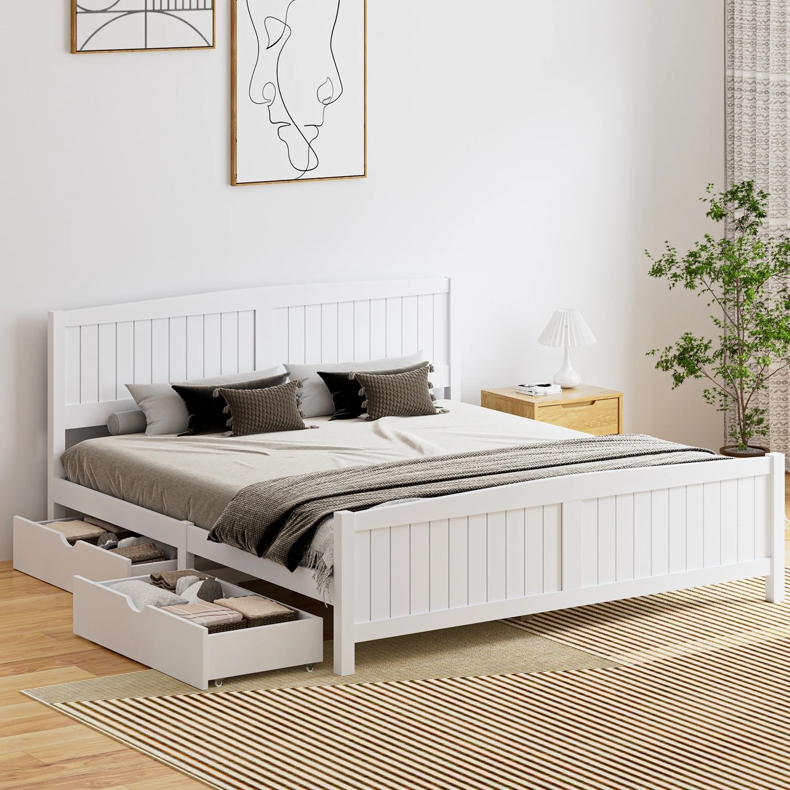 2 Oikiture Wooden Bed Frame King Size Base With Trundle Storage Drawers
 - White, 2 of 8
