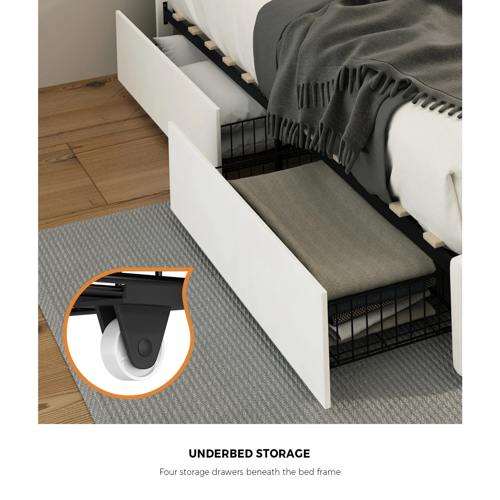 6 Oikiture LED Double Bed Frame With 4 Storage Drawers & Charging Station - Beige, 6 of 9