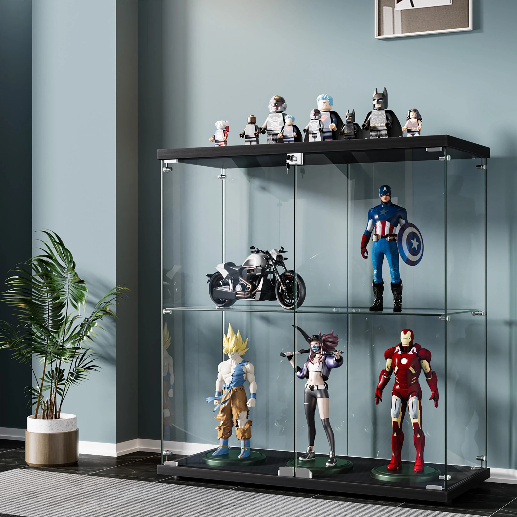 7 Stacked Display Cabinet 2-Tier Doubel Glass Doors - Black, 7 of 9