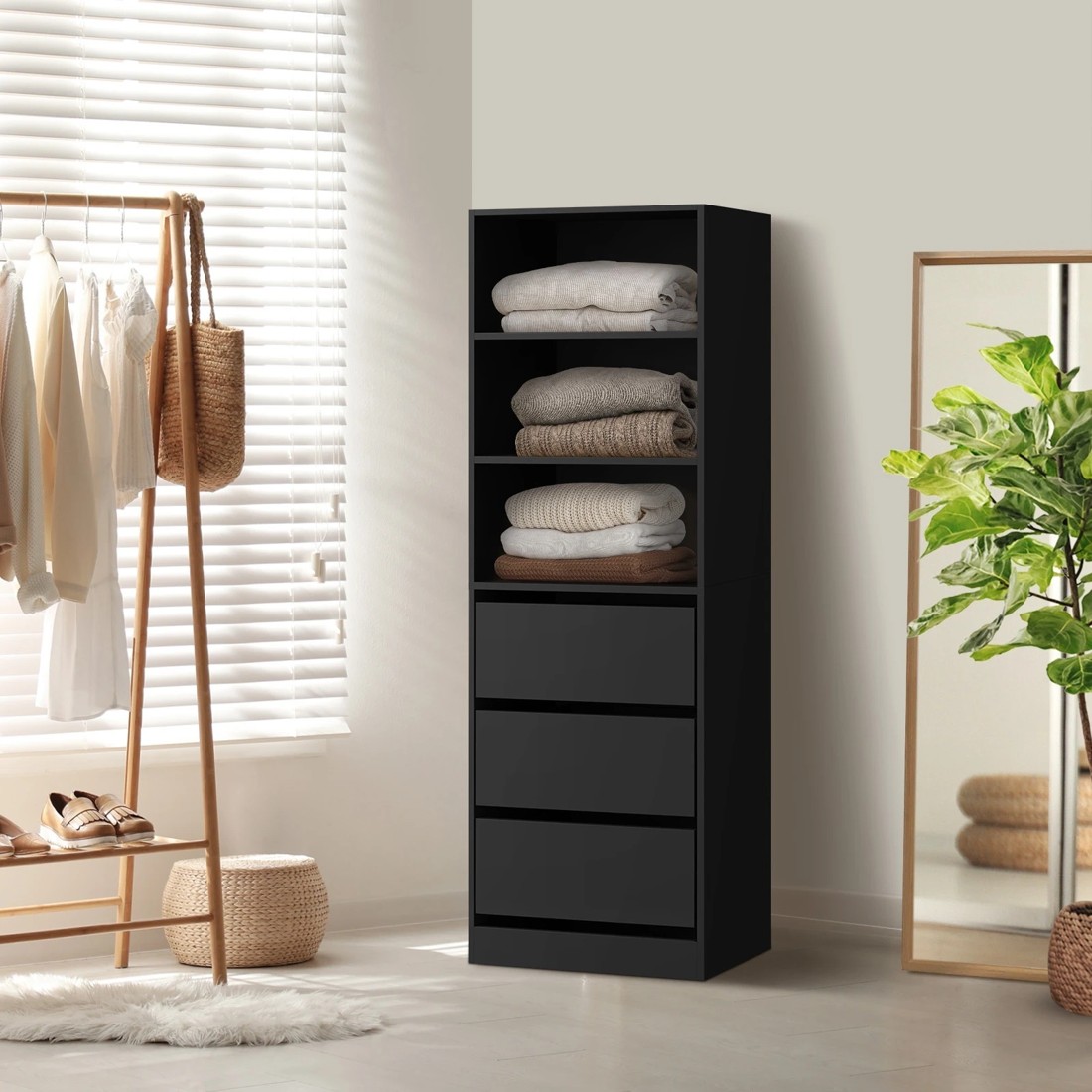 2 Oikiture Wardrobe Shelf Unit Clothes Storage Cabinet 3 Drawers Organizer
 - Black, 2 of 10