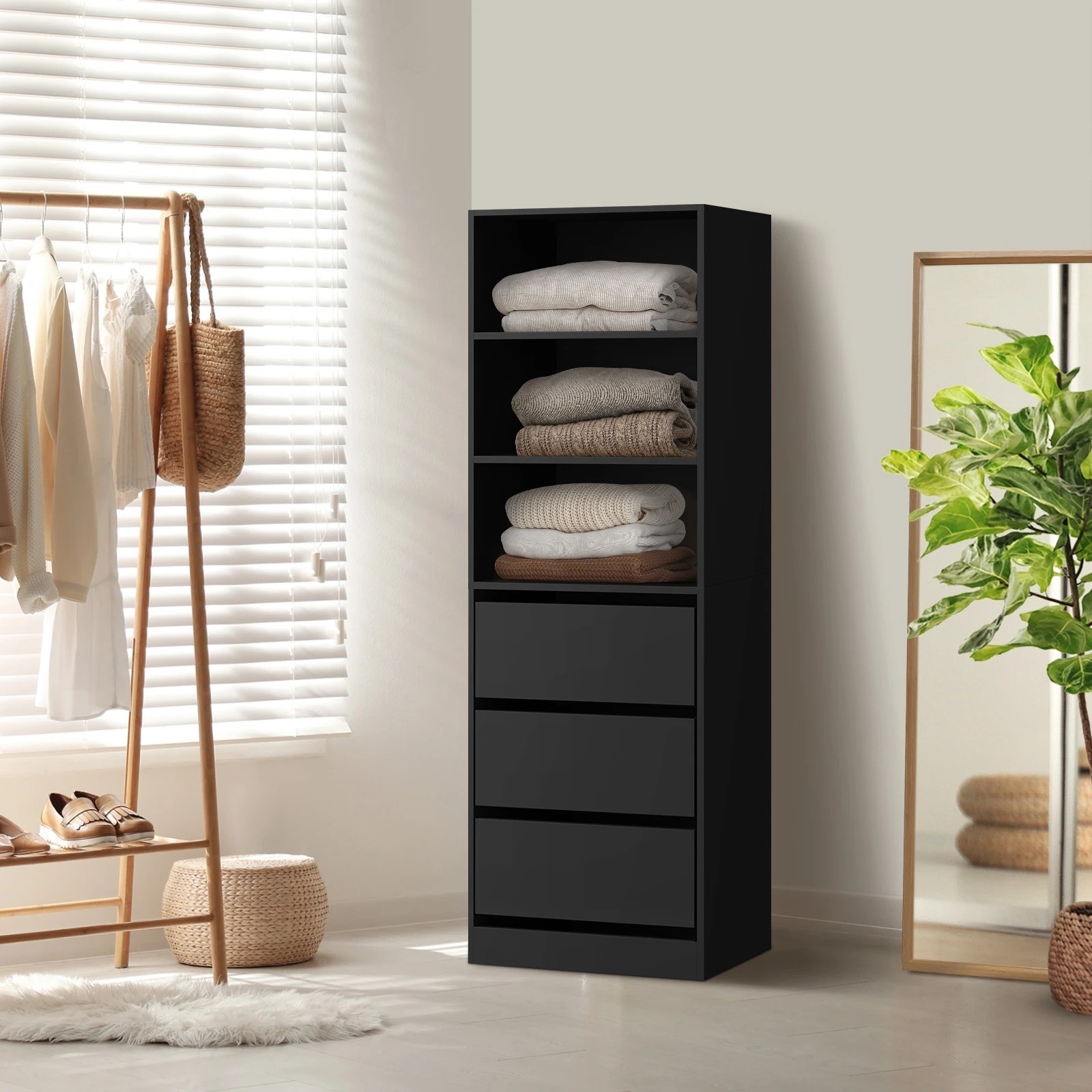 2 Oikiture Wardrobe Shelf Unit Clothes Storage Cabinet 3 Drawers Organizer
 - Black, 2 of 10