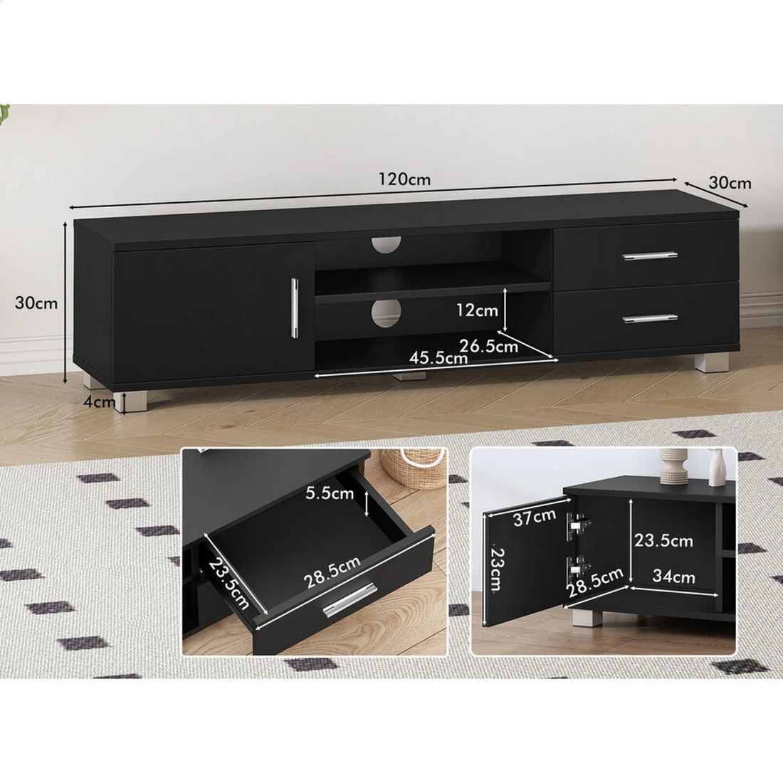 7 Alfordson Entertainment Unit TV Cabinet Stand 120cm Storage Drawer - Black, 7 of 10