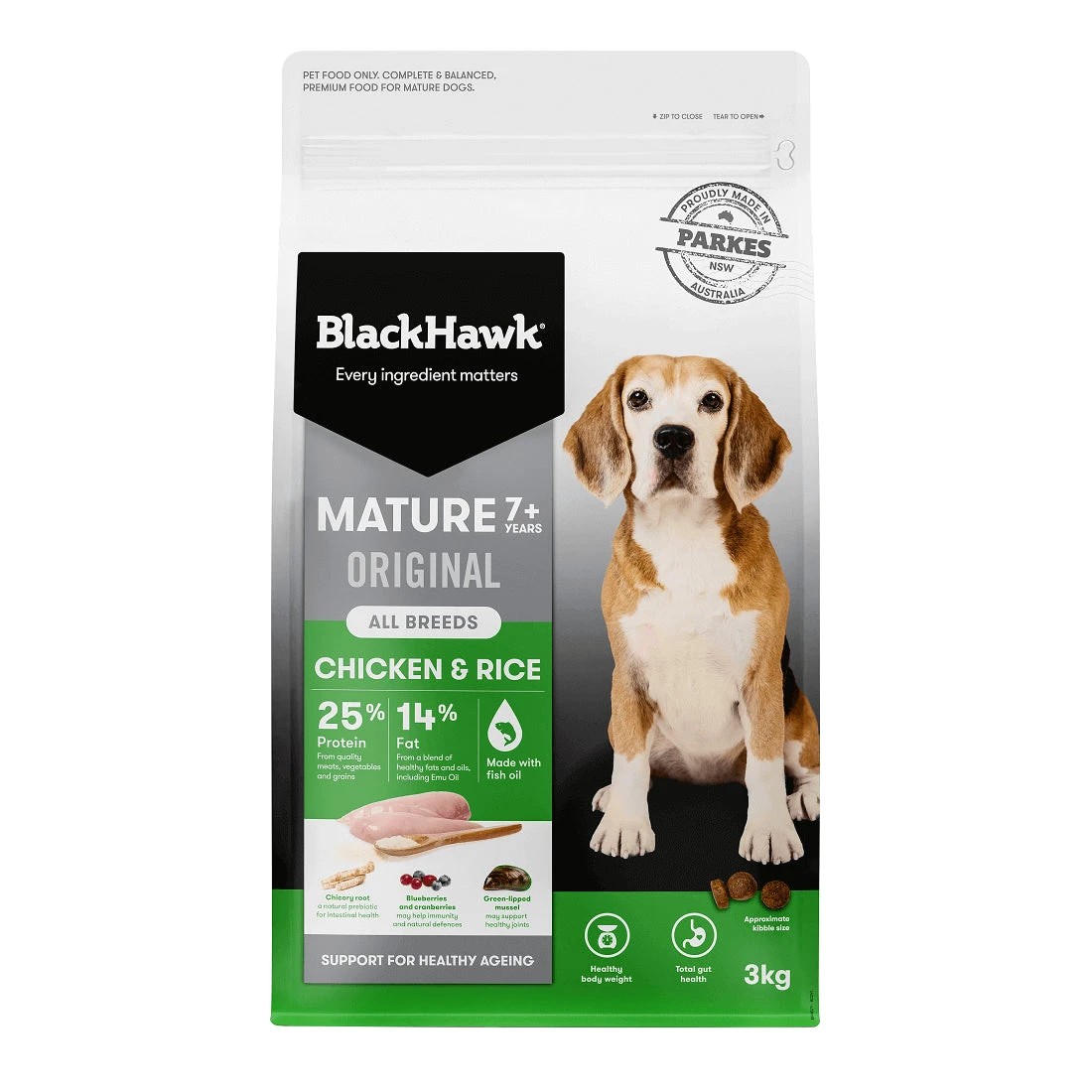 1 Black Hawk Mature Chicken & Rice Dog Food 3kg, 1 of 2