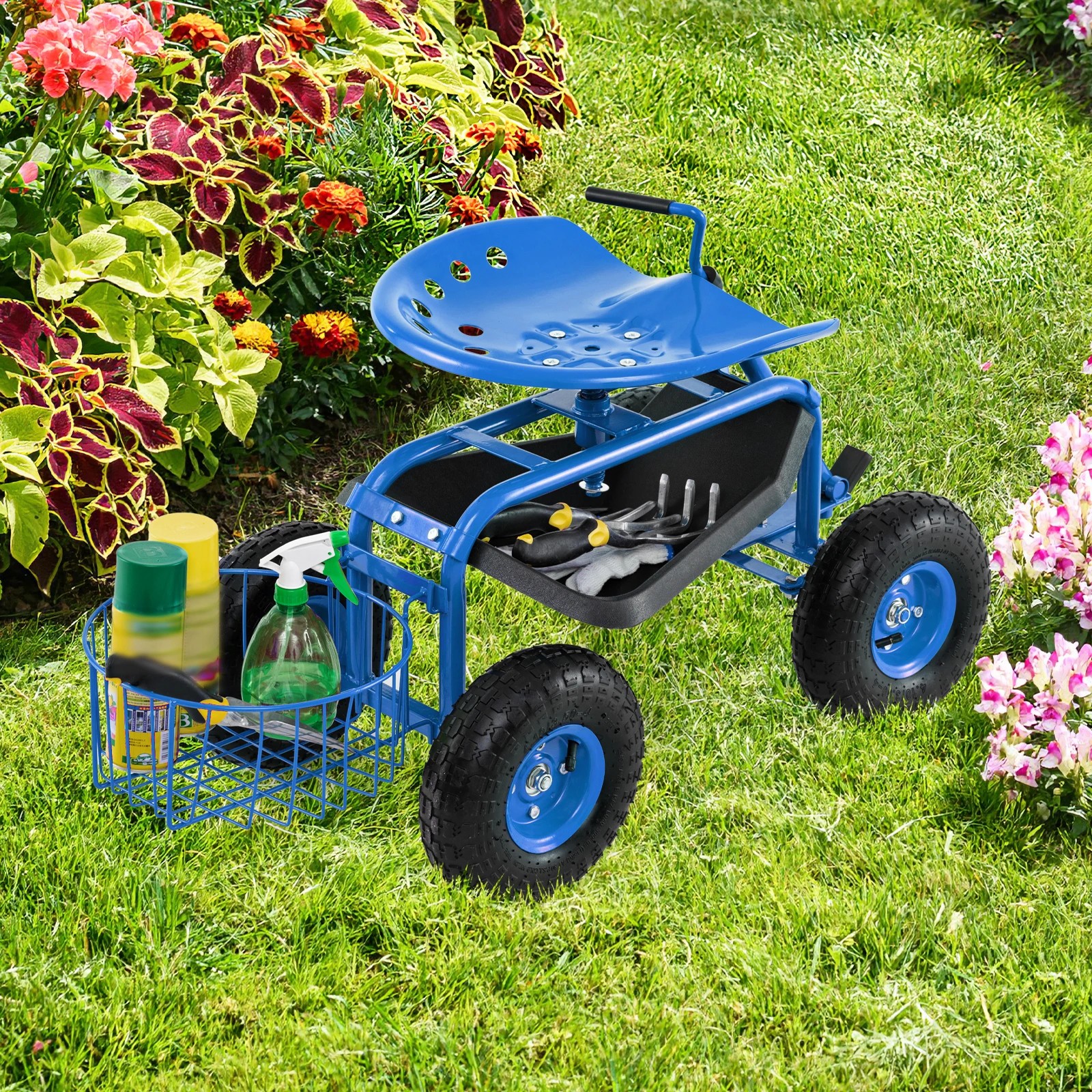 2 Costway Garden Cart Mobile Work Stool w/Tool Tray & Adjustable Seat Yard Rolling Seat - Blue, 2 of 3