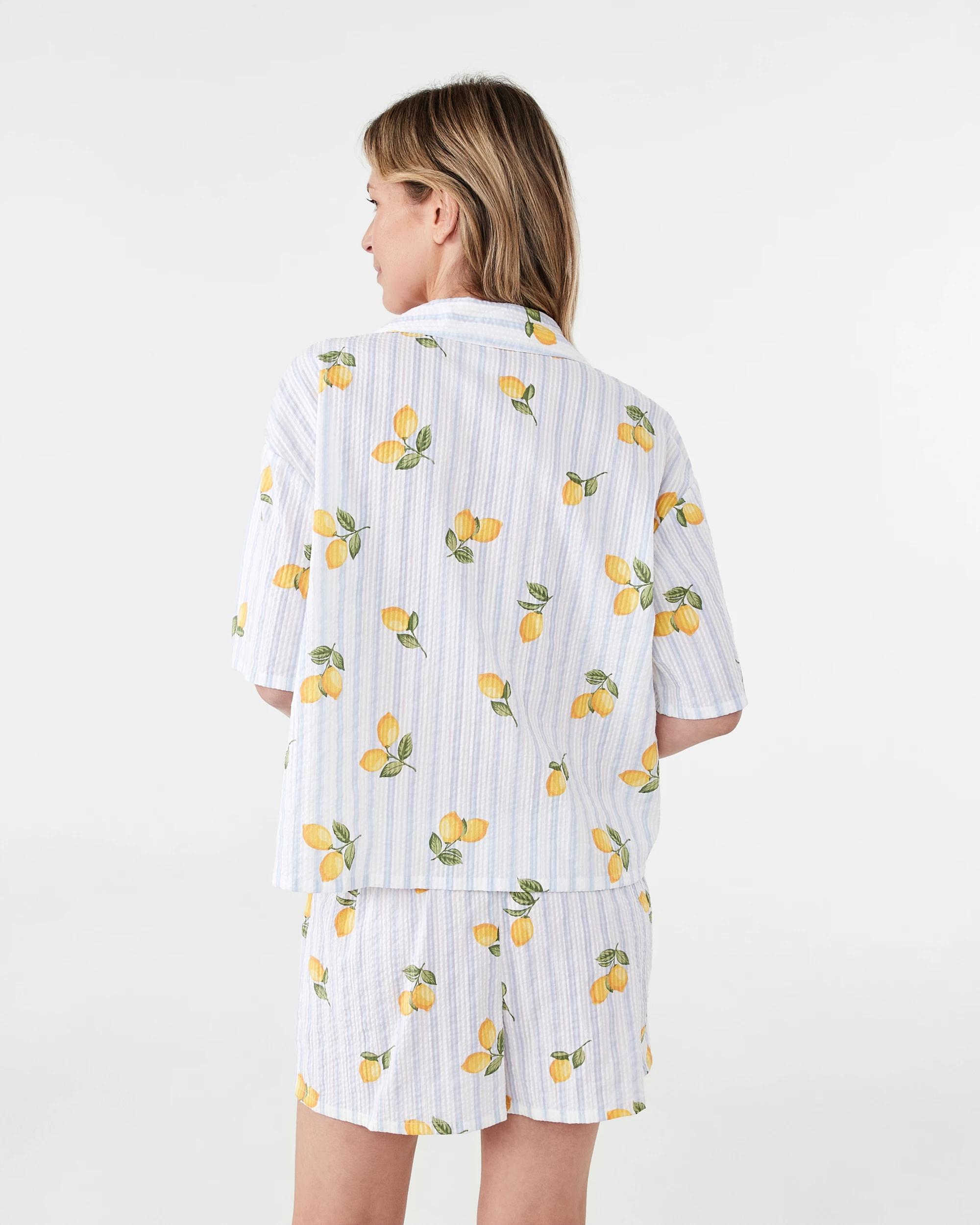 3 Cotton Seersucker Short Sleeve and Shorts Pyjama Set Lemon Strp, 3 of 8