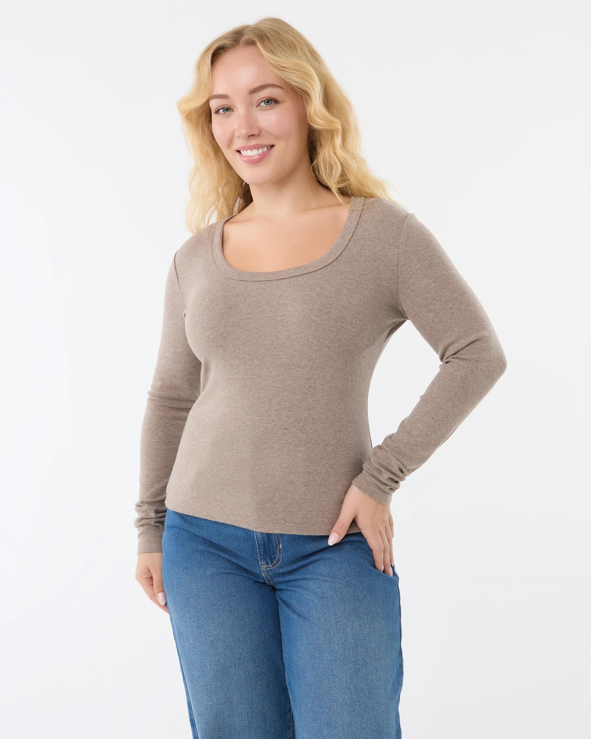 1 Long Sleeve Rib Scoop Neck T-shirt Taupe Mrl, 1 of 7