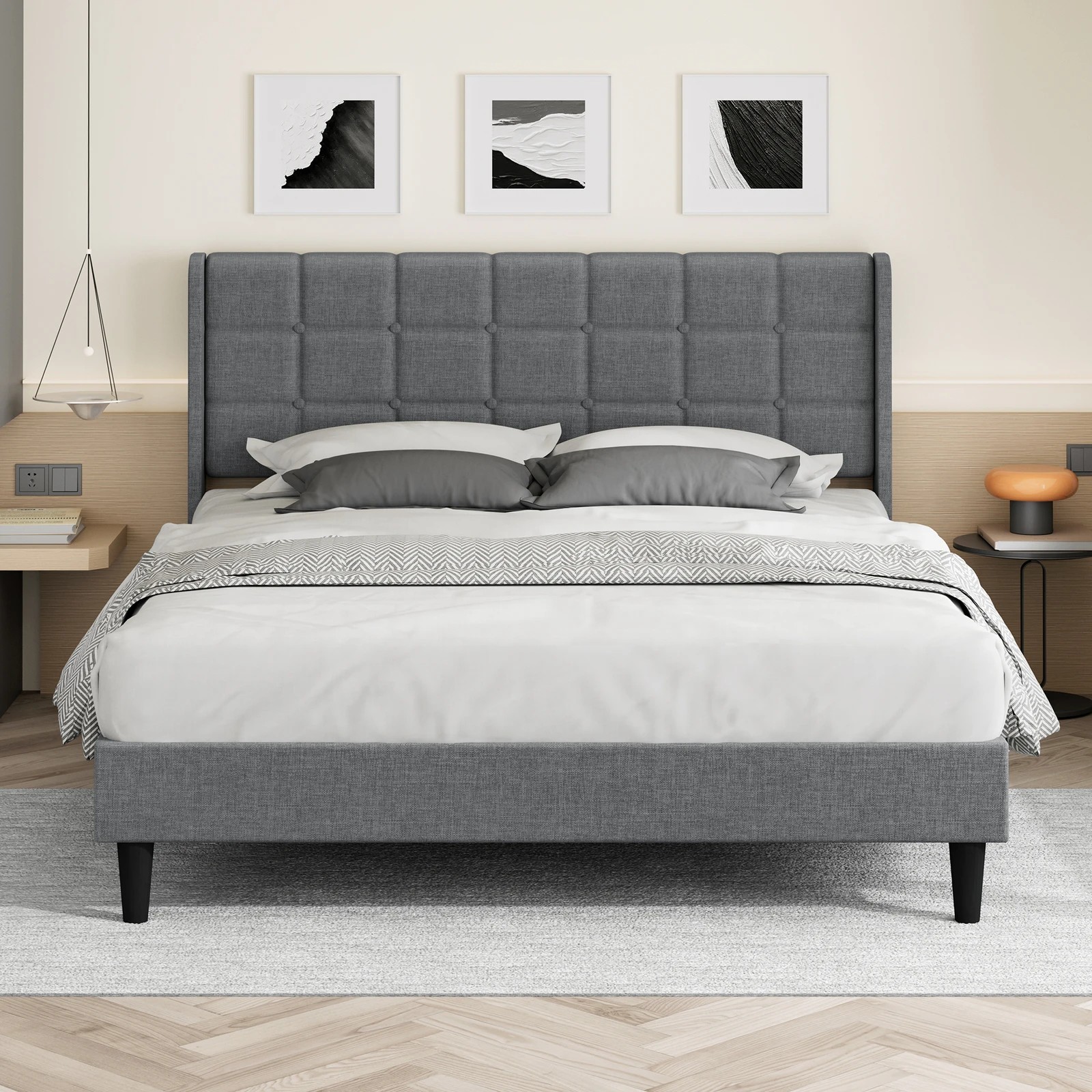 3 Alfordson Bed Frame Double Size Upholstered Wingback Base Fabric Sarah - Grey, 3 of 9