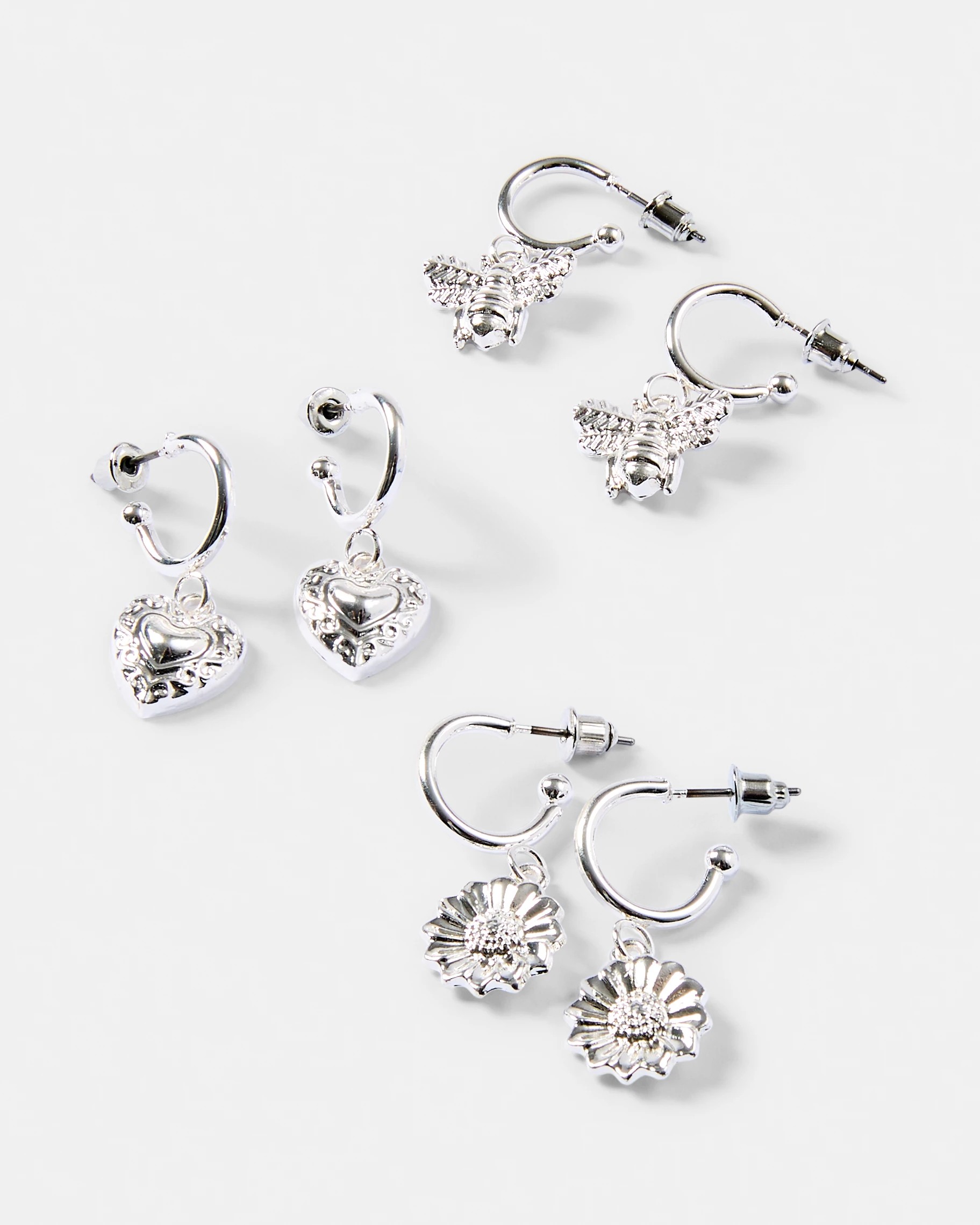 3 3 Pack Flower, Bee and Heart Earrings - Silver Tone, 3 of 7