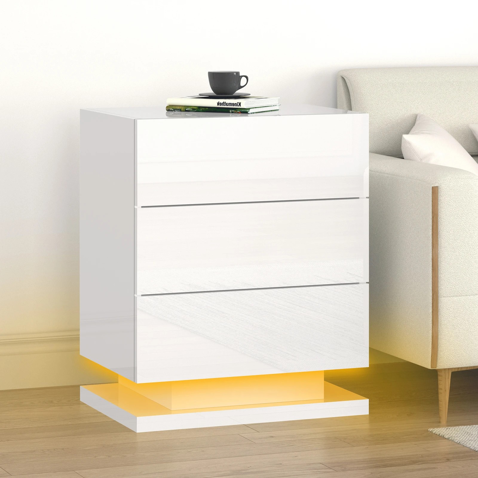 4 Alfordson Bedside Table RGB LED Nightstand 3 Drawers 4 Side High Gloss - White, 4 of 10