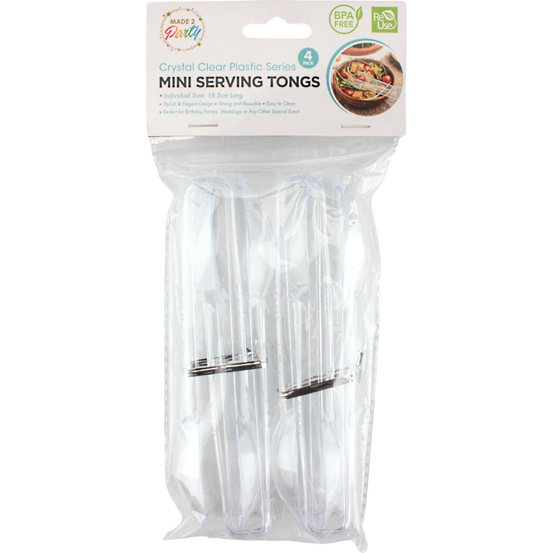 3 Made 2 Party Mini Clear Plastic Salad Tongs (Pack of 4), 3 of 3