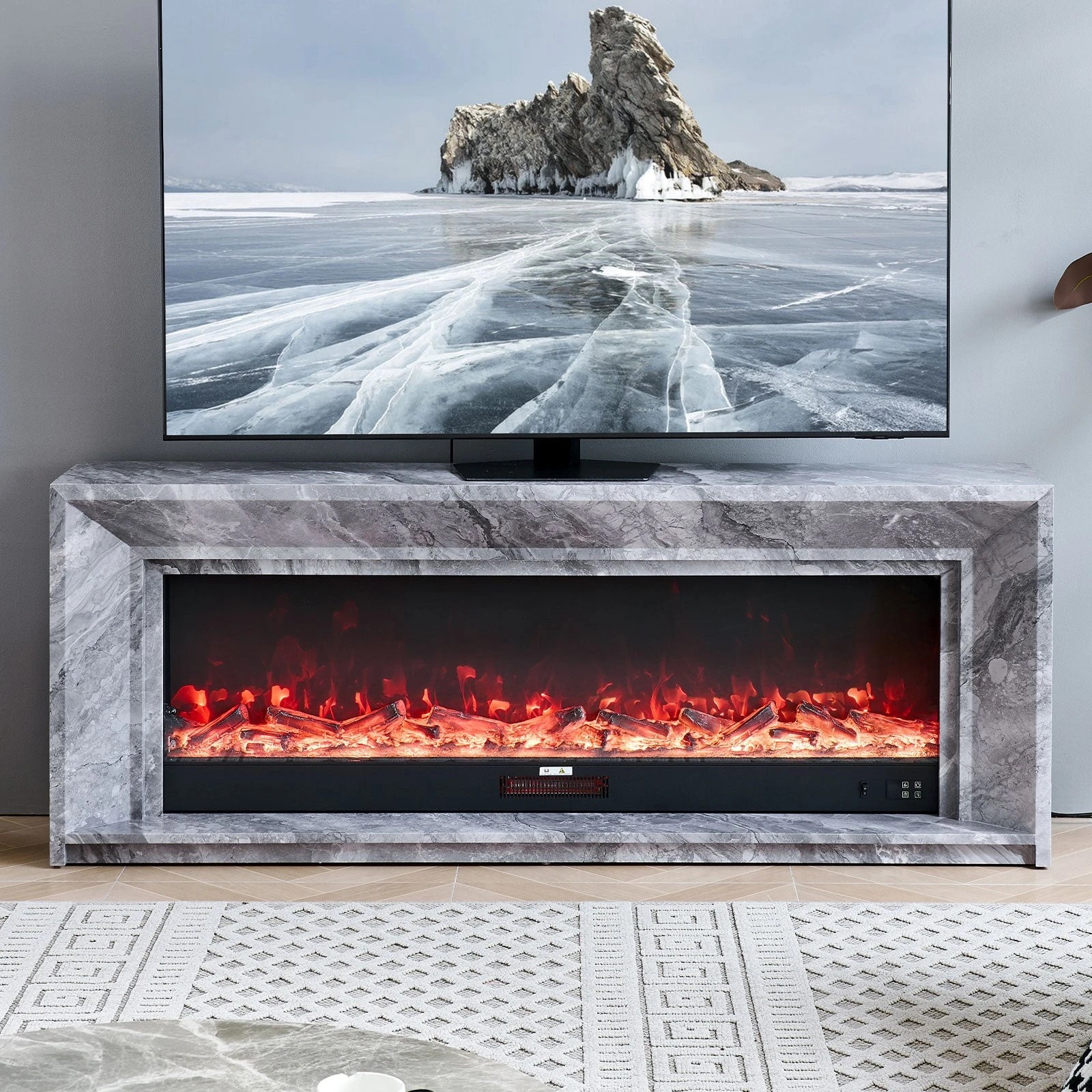 1 Moda Living Marbella 60 inch Electric Fireplace with Grey Mantel Suite - Grey, 1 of 1