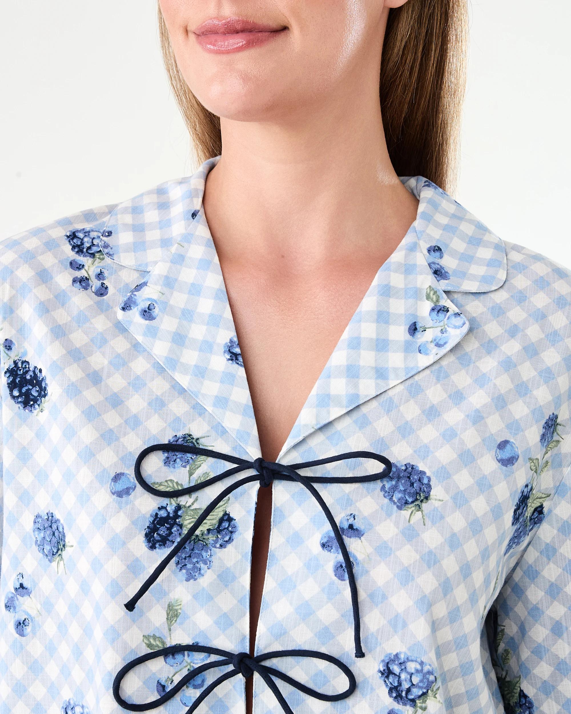 5 Cotton Long Sleeve Tie Front and Pants Pyjama Set Blueberry, 5 of 7