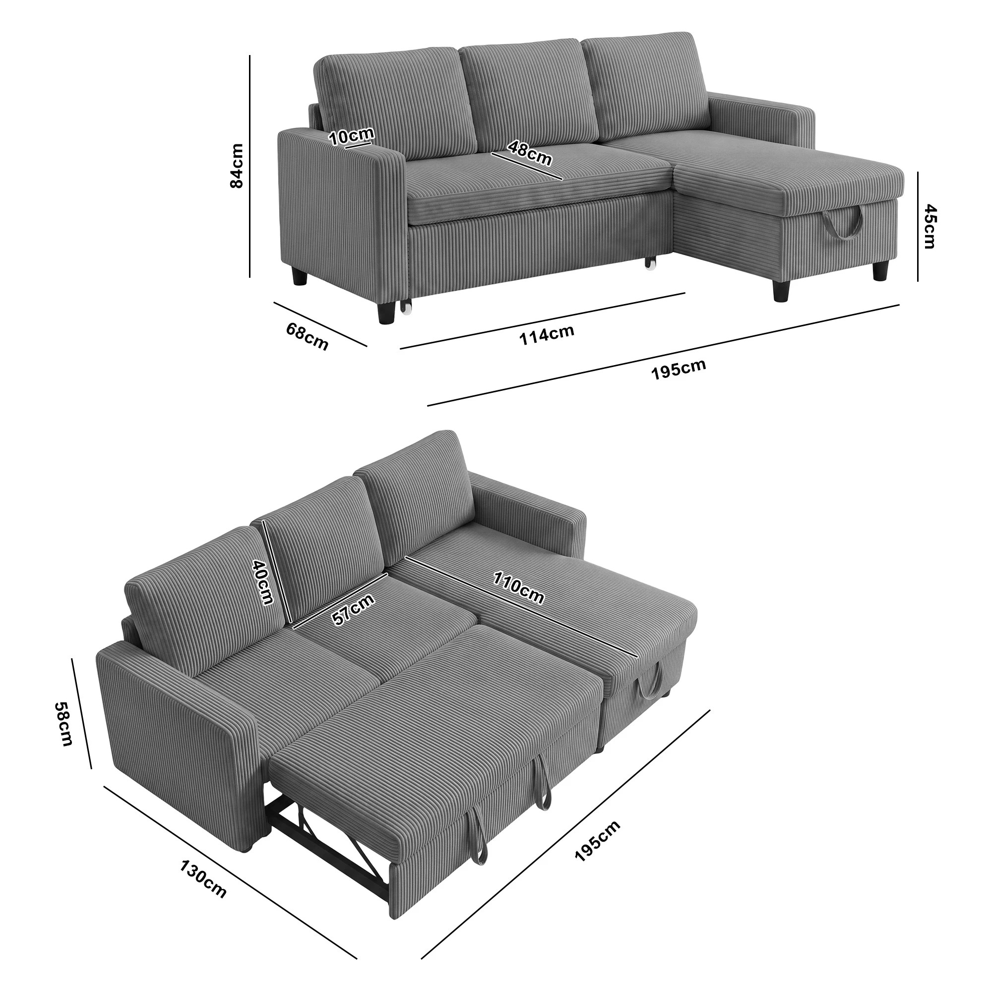 2 Advwin Sectional Sofa Couch with Pull Out Bed, L Shaped Reversible Corduroy Sleeper Sofa Bed with Storage Chaise - Grey, 2 of 7