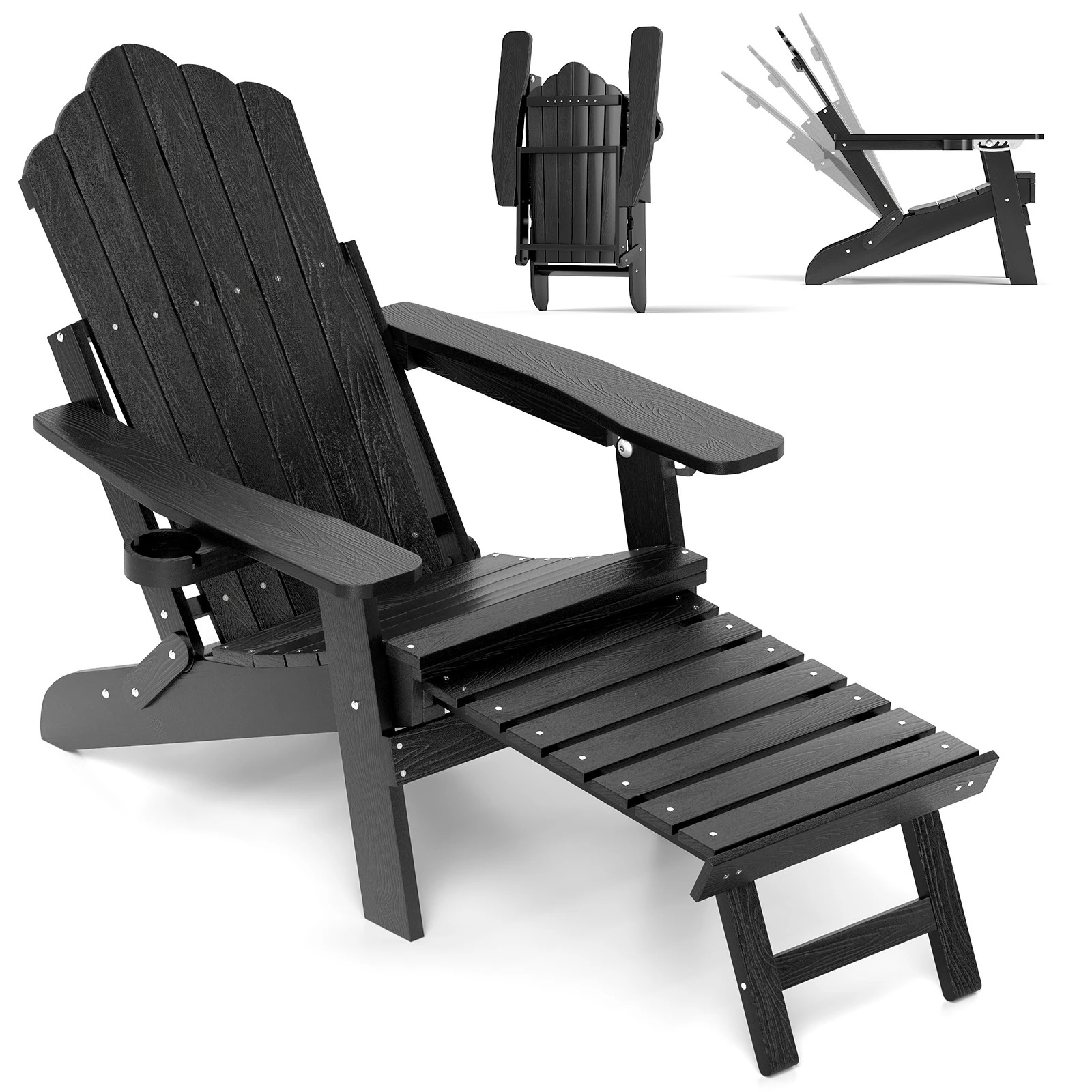 1 Costway Folding Adirondack Chair All-Weather Outdoor Lounge Chair Adjustable Backrest - Black, 1 of 1