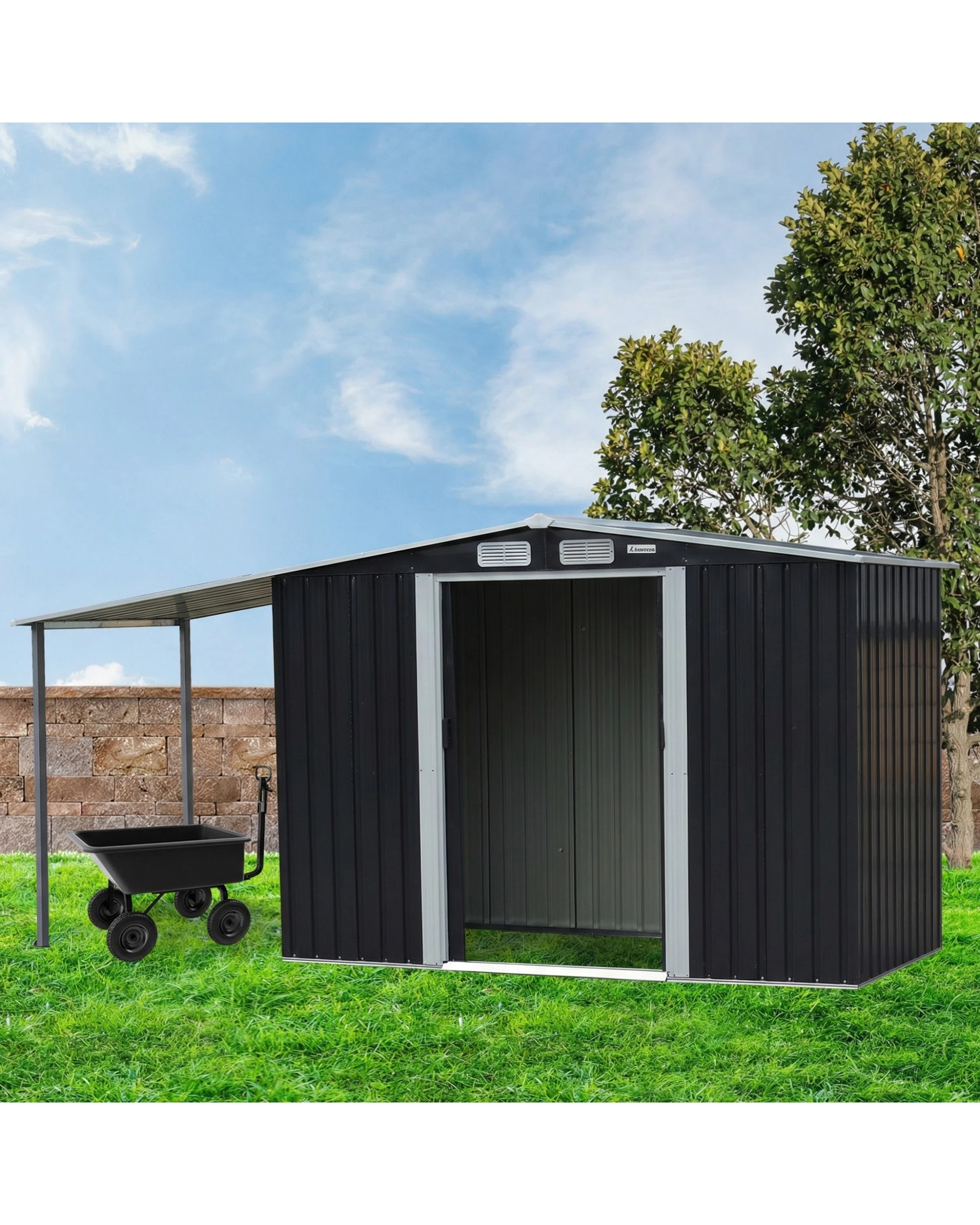 3 Wallaroo 4x8ft Zinc Steel Garden Shed with Open Storage Tool Shelter Sloped Roof - Black, 3 of 8
