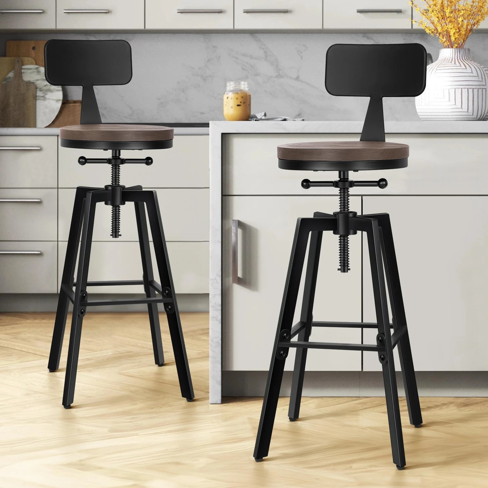 2 Alfordson 2x Bar Stool Retro Kitchen Vintage Chair Industrial Backrest Ezra - Black, 2 of 10