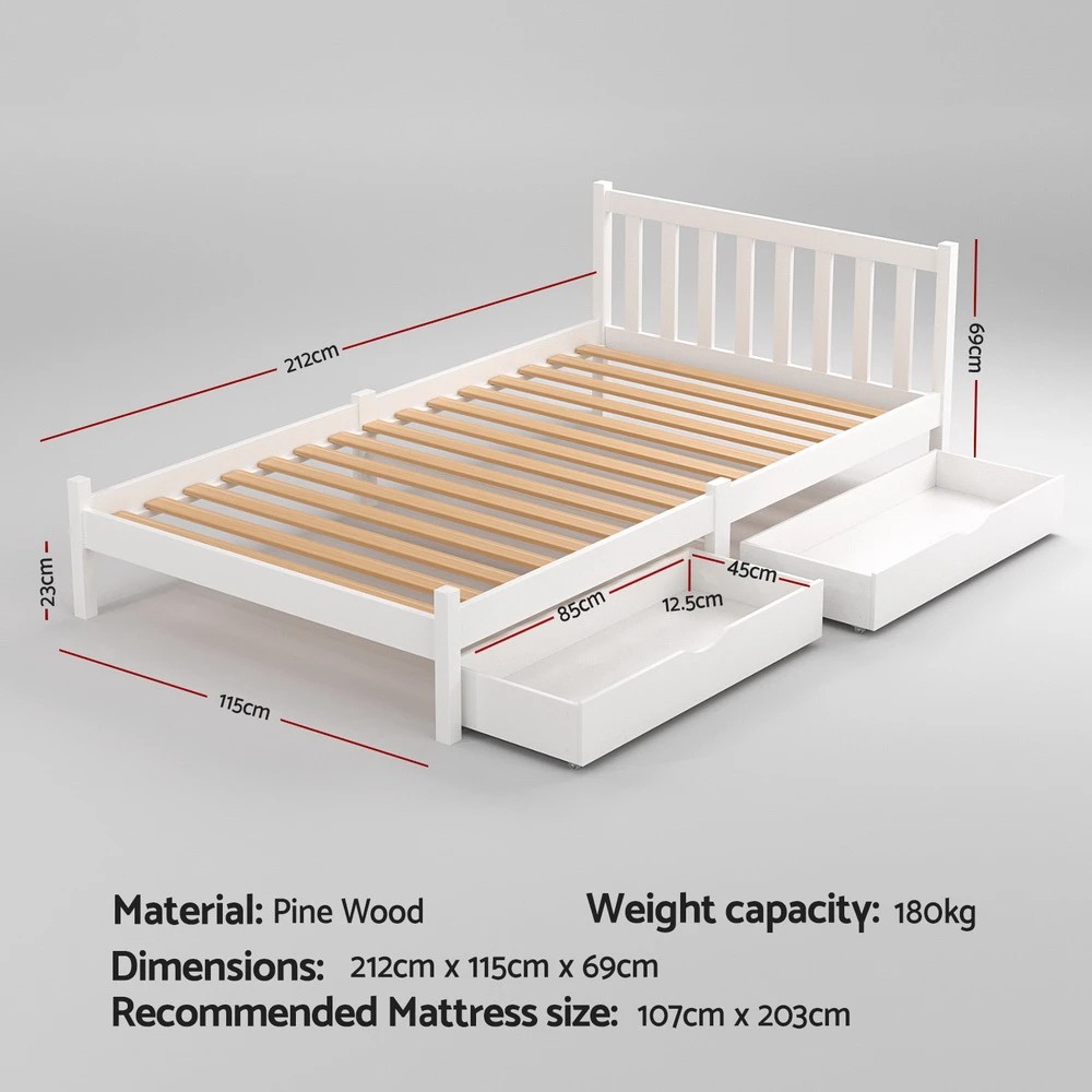 2 Artiss Bed Frame King Single Size Wooden Platform with 2 Storage Drawers - White, 2 of 8