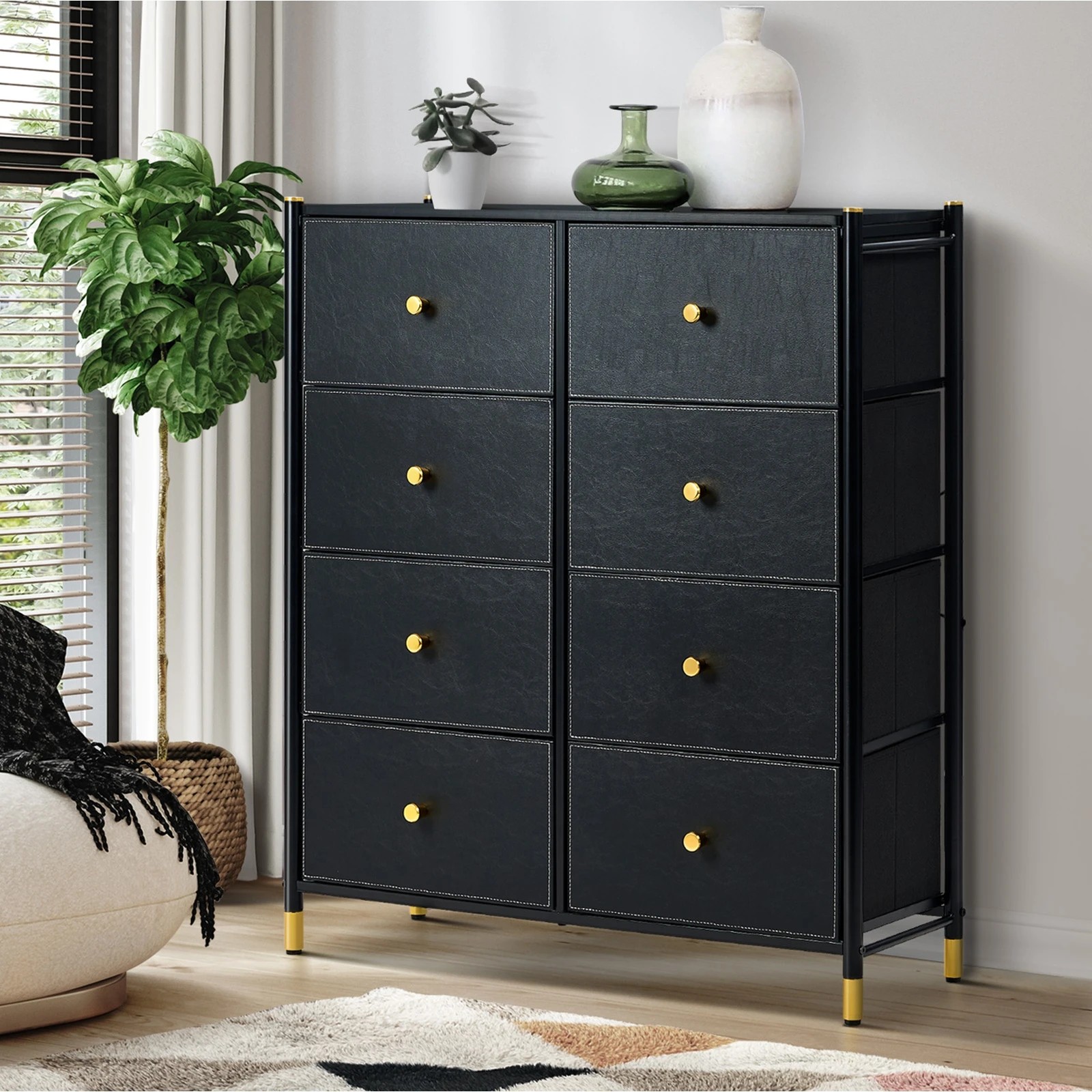 7 Oikiture 8 Chest of Drawers PU Fabric Storage Cabinet Dresser Tallboy - Black, 7 of 7