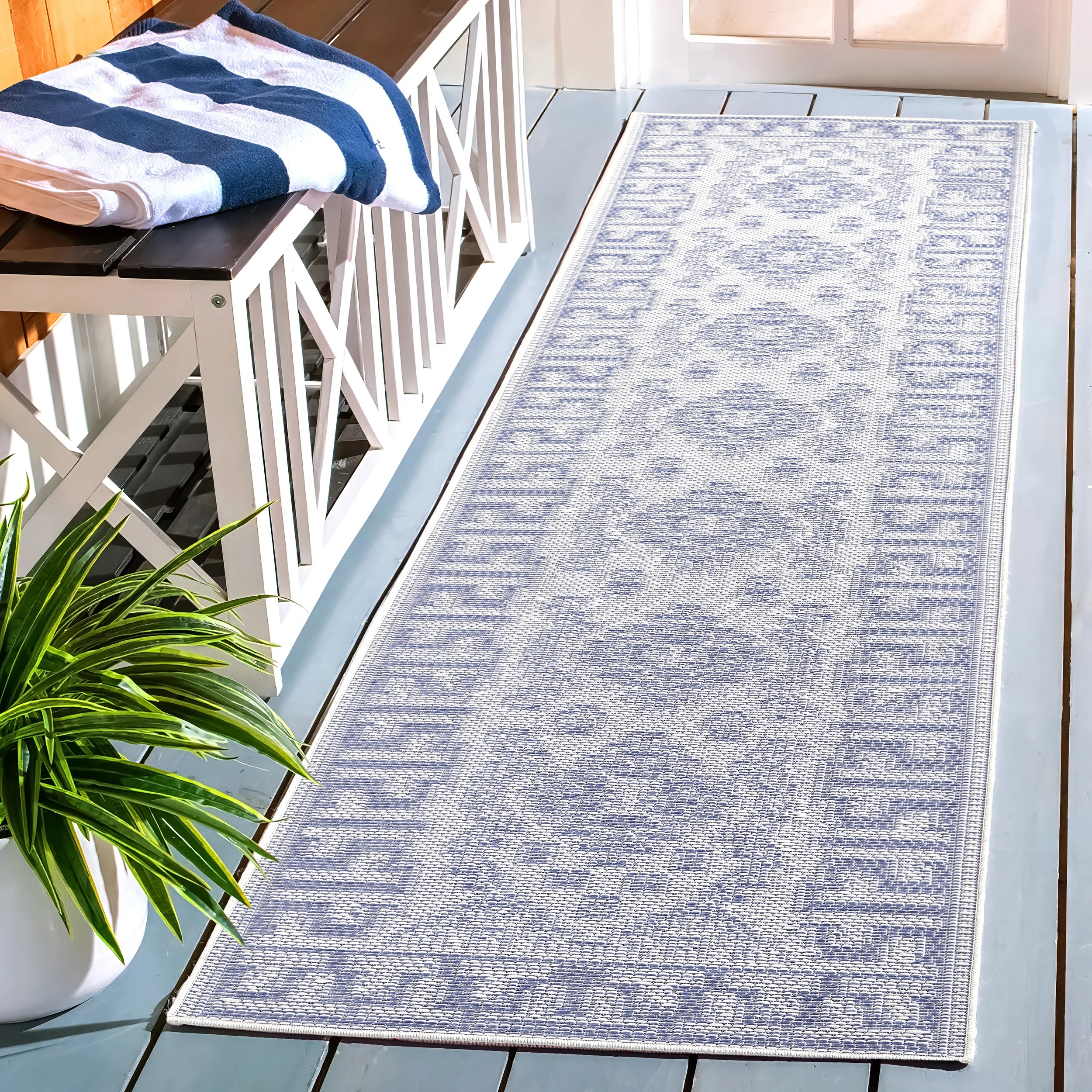 1 Common Ground Rugs Palmline Kuza 500x80cm - Extra Large Outdoor Rug - Blue, 1 of 7