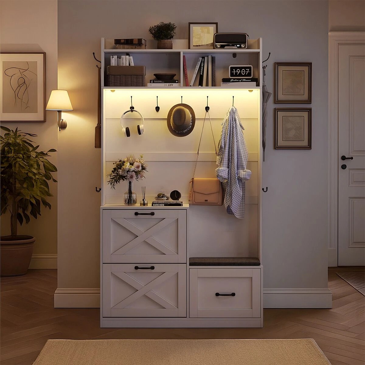 4 Ausway Coat Rack Shoe Cabinet Hall Tree Unit LED Lights, 4 of 4