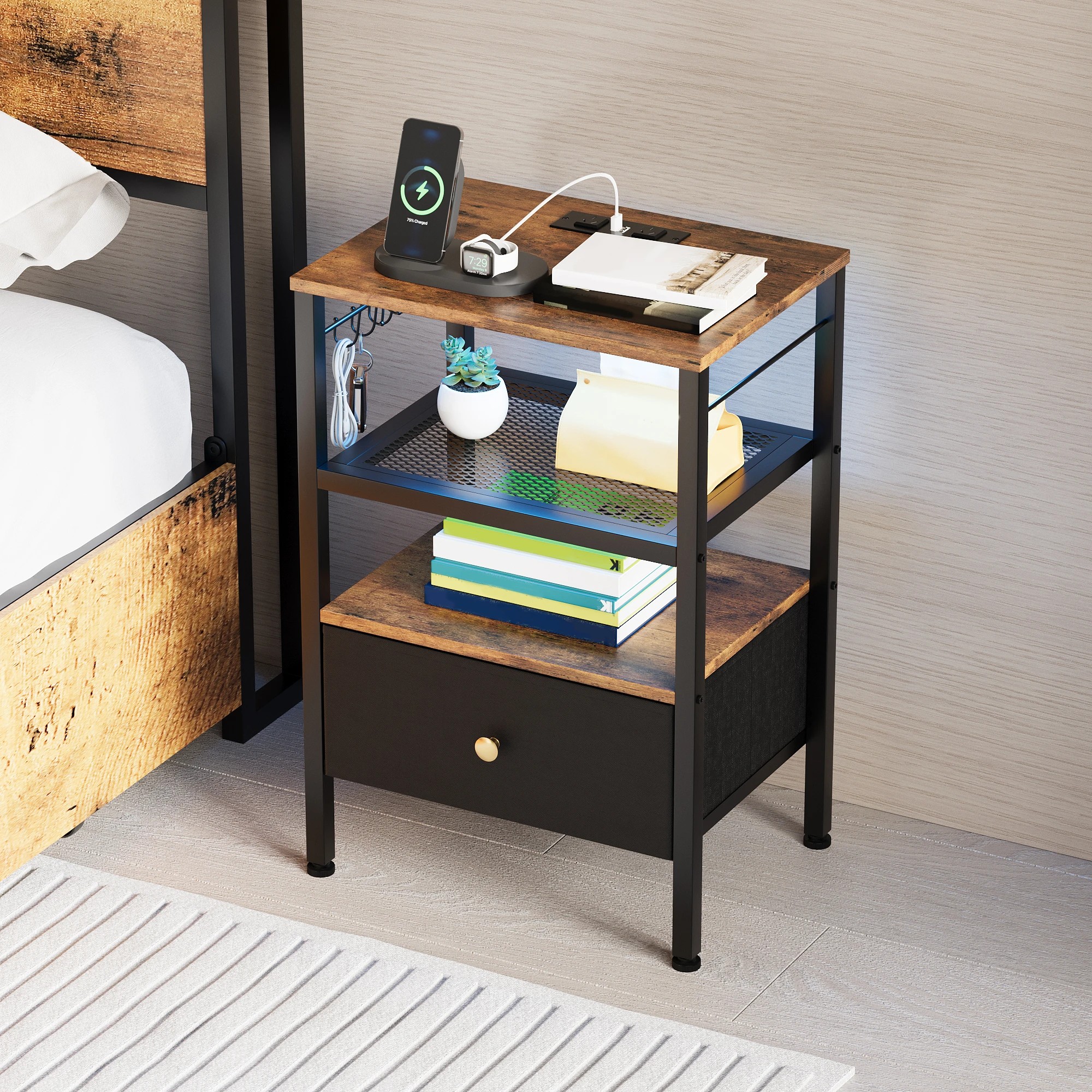 4 Advwin Bedside Table with Fabric Drawer Charging Station LED Lights - Brown, 4 of 6