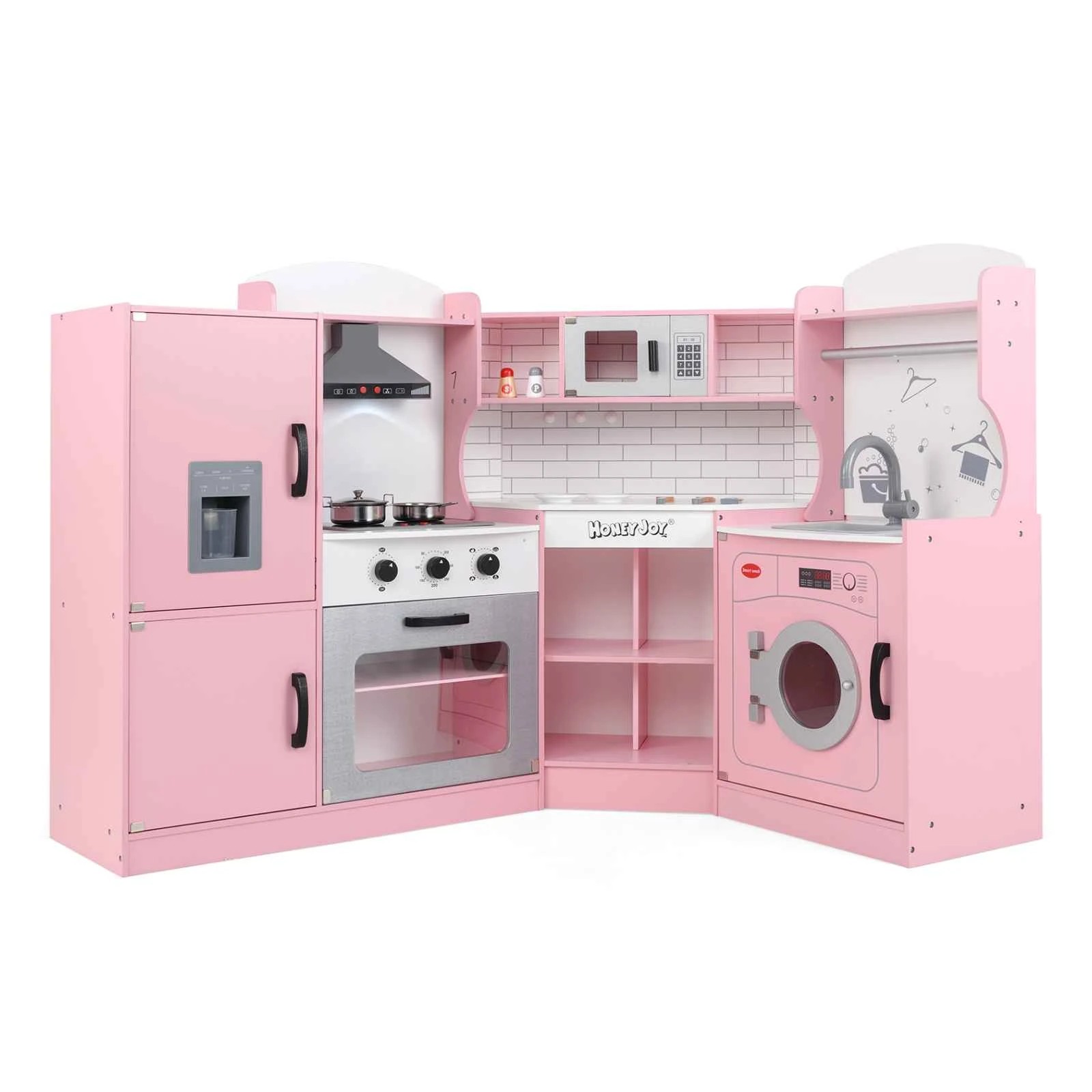1 Costway Kids Kitchen Playset Wooden Corner Pretend Play Kitchen - Pink, 1 of 1