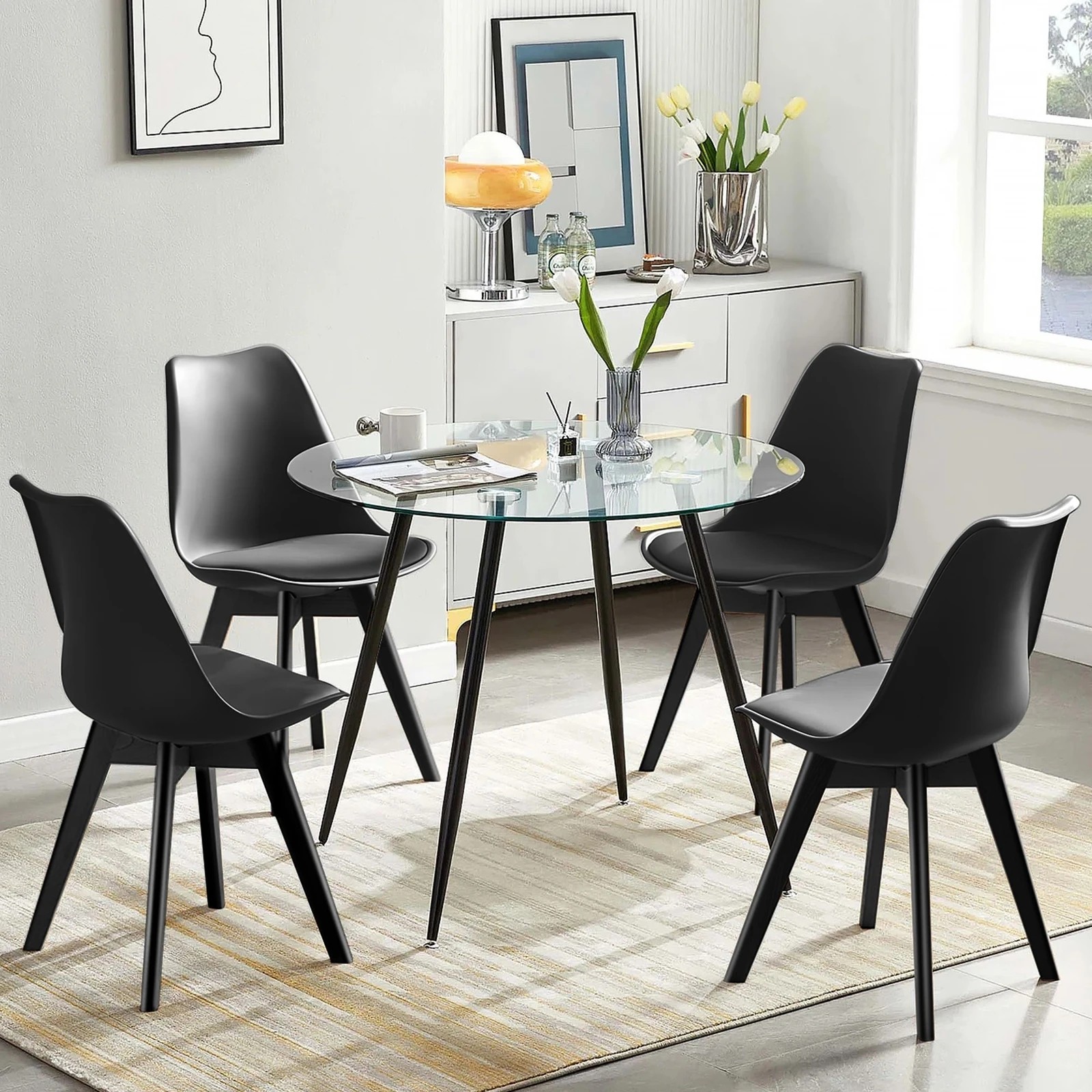 4 Alfordson 4x Dining Chairs Padding Retro PU Leather Kitchen Lounge Wooden - Black, 4 of 10