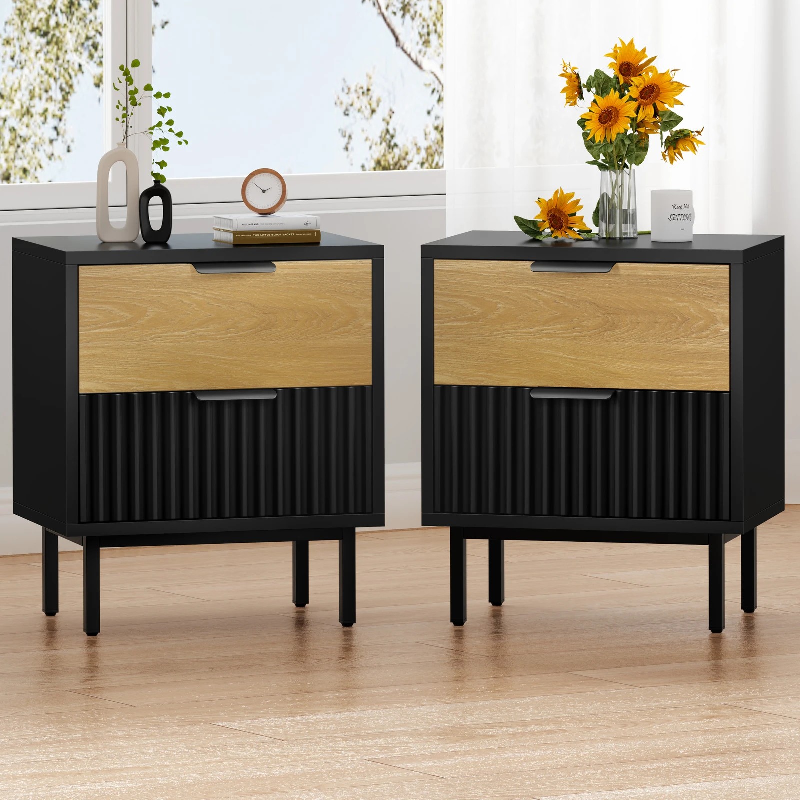 2 Alfordson 2x Bedside Table Nightstand 2 Drawers Side Storage - Black Wood, 2 of 10