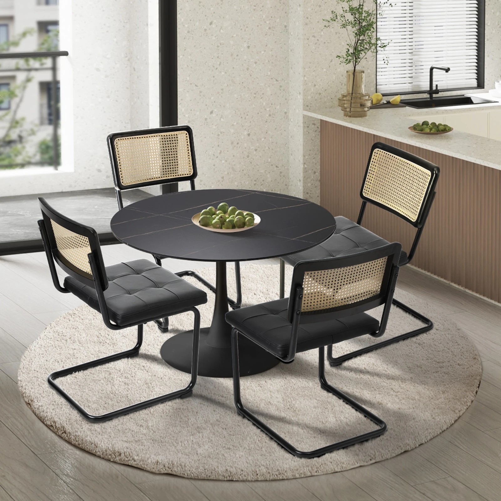 3 Oikiture 90cm Round Dining Table with 4PCS Dining Chairs PU Leather - Black, 3 of 9