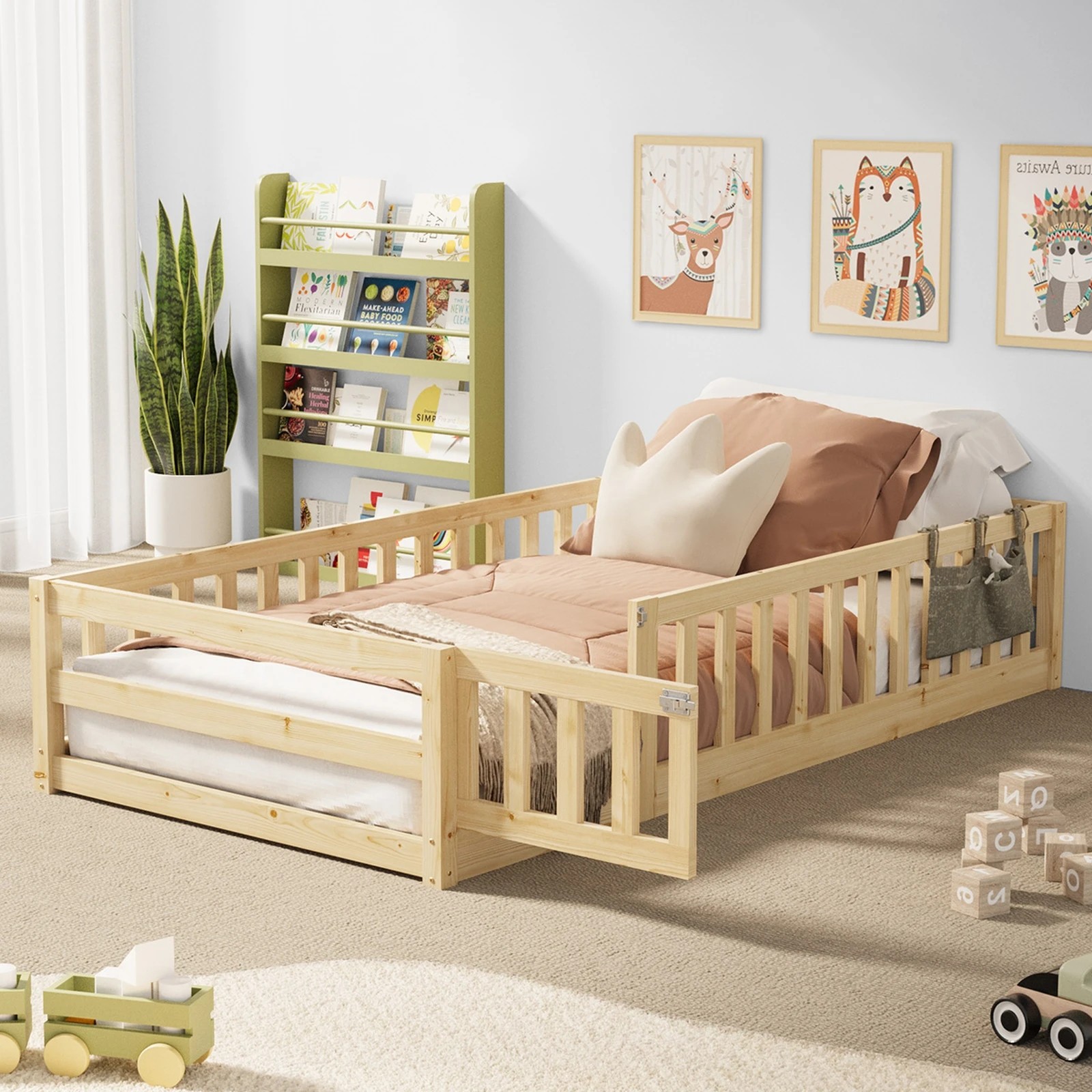 3 Oikiture Single Kids Bed Frame with Gate Fence Wood - Natural, 3 of 10