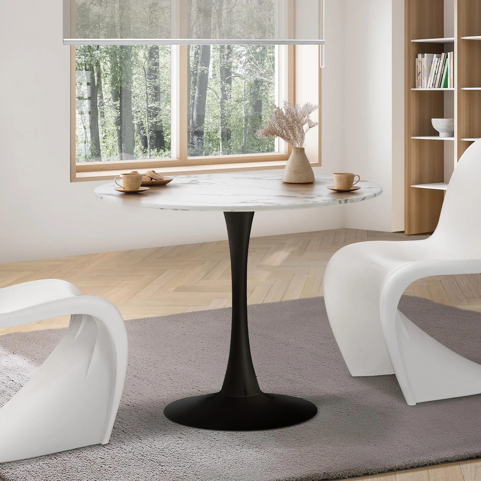 2 Oikiture 90cm Dining Table Kitchen Marble-look Tabletop Tulip Round Metal Leg - Multi, 2 of 9