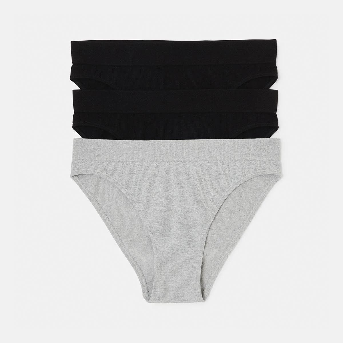 1 3 Pack Ribbed Seamfree Hi-Waist Bikini Briefs BLACK, GREY MARLE, BLACK, 1 of 7