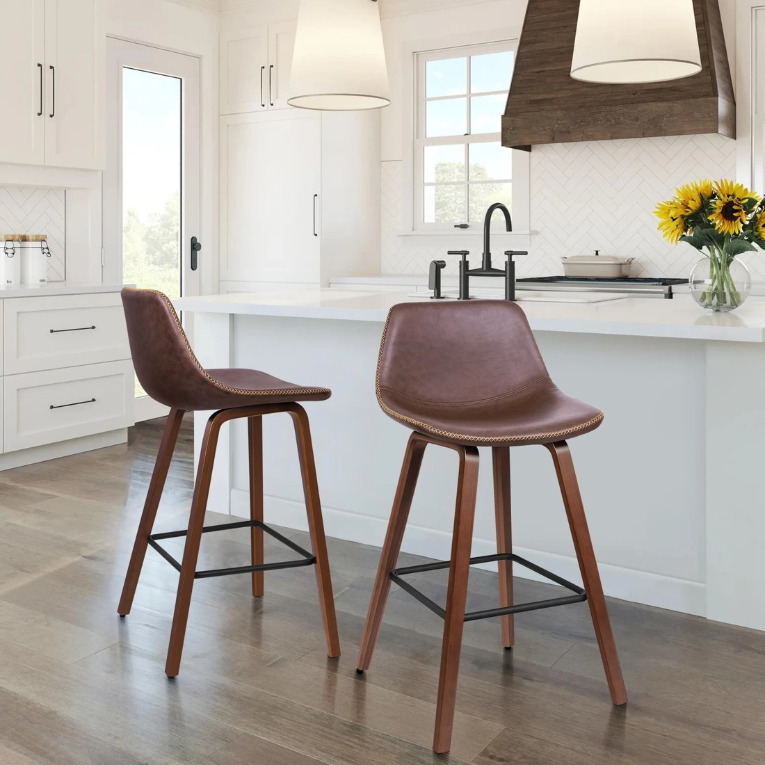 2 Alfordson 2x Wooden Bar Stools Noah Kitchen Dining Chair Vintage Retro - Brown, 2 of 10