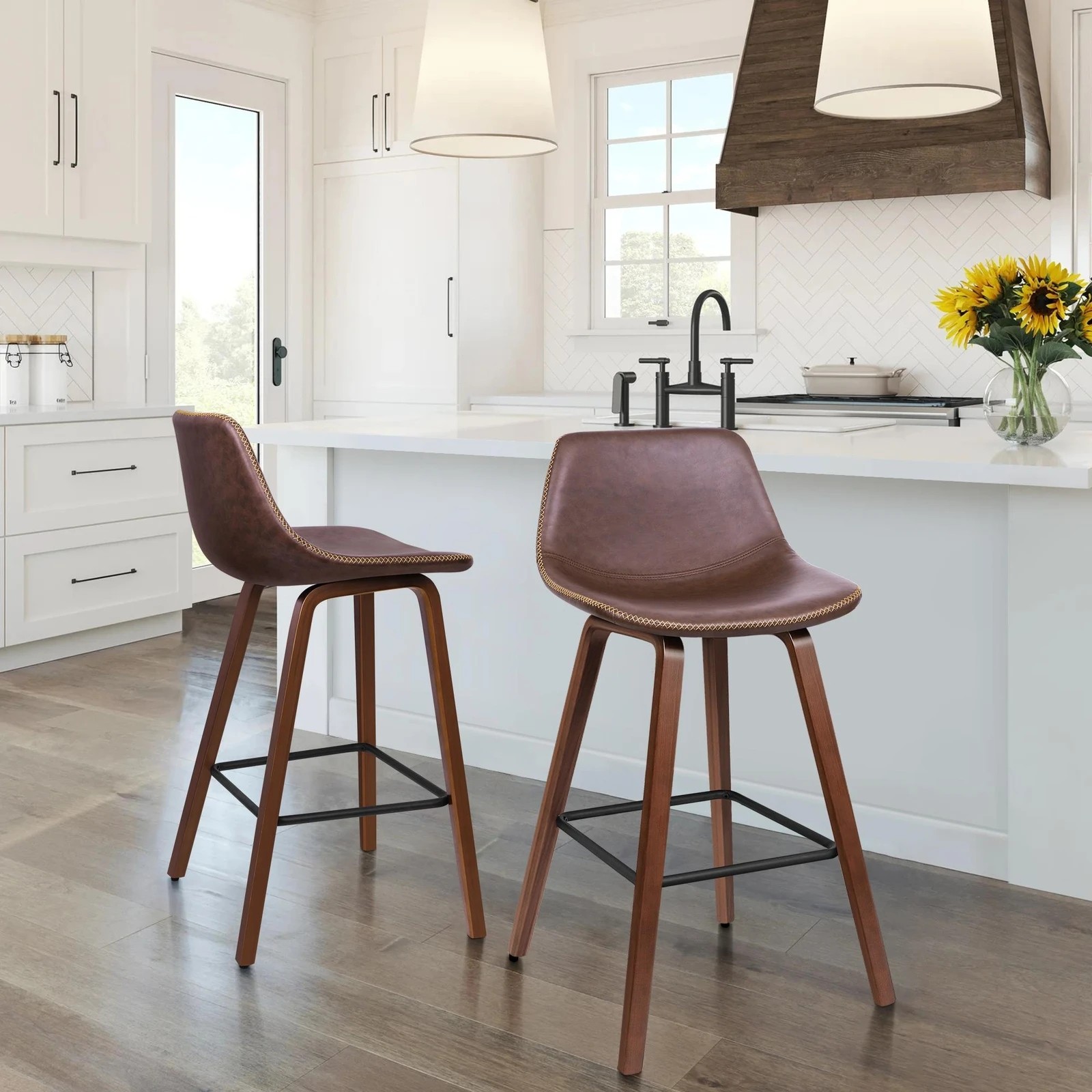 2 Alfordson 2x Wooden Bar Stools Noah Kitchen Dining Chair Vintage Retro - Brown, 2 of 10