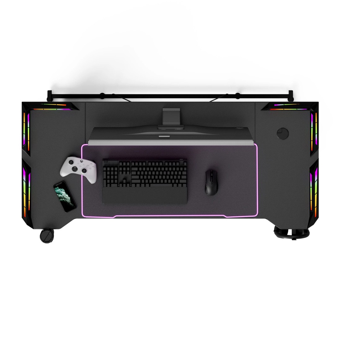 10 140cm LED RGB Gaming Desk Carbon Fiber Surface Computer Desk with Cup Holder Headphone Hook, 10 of 10