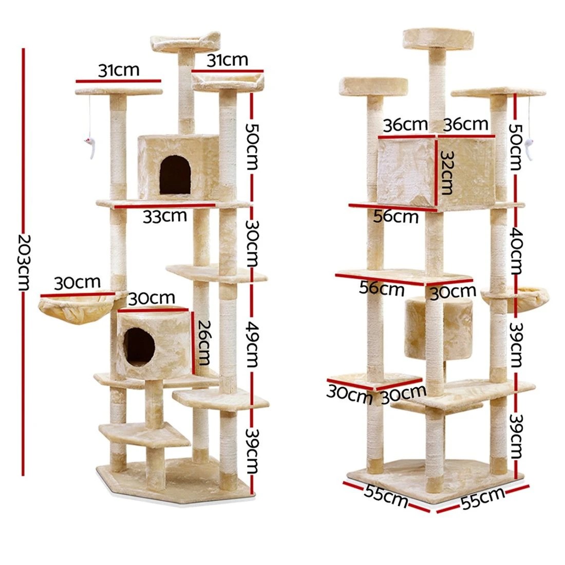 2 i.Pet Cat Tree 203cm Tower Scratching Post Scratcher Condo Trees House Bed - Beige, 2 of 7