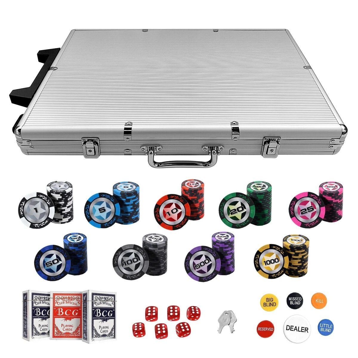 4 AUSWAY 1000PC Casino Poker Chips Game Play Set Professional Texas Holdem Blackjack Deck Card Dice Lock Case, 4 of 4