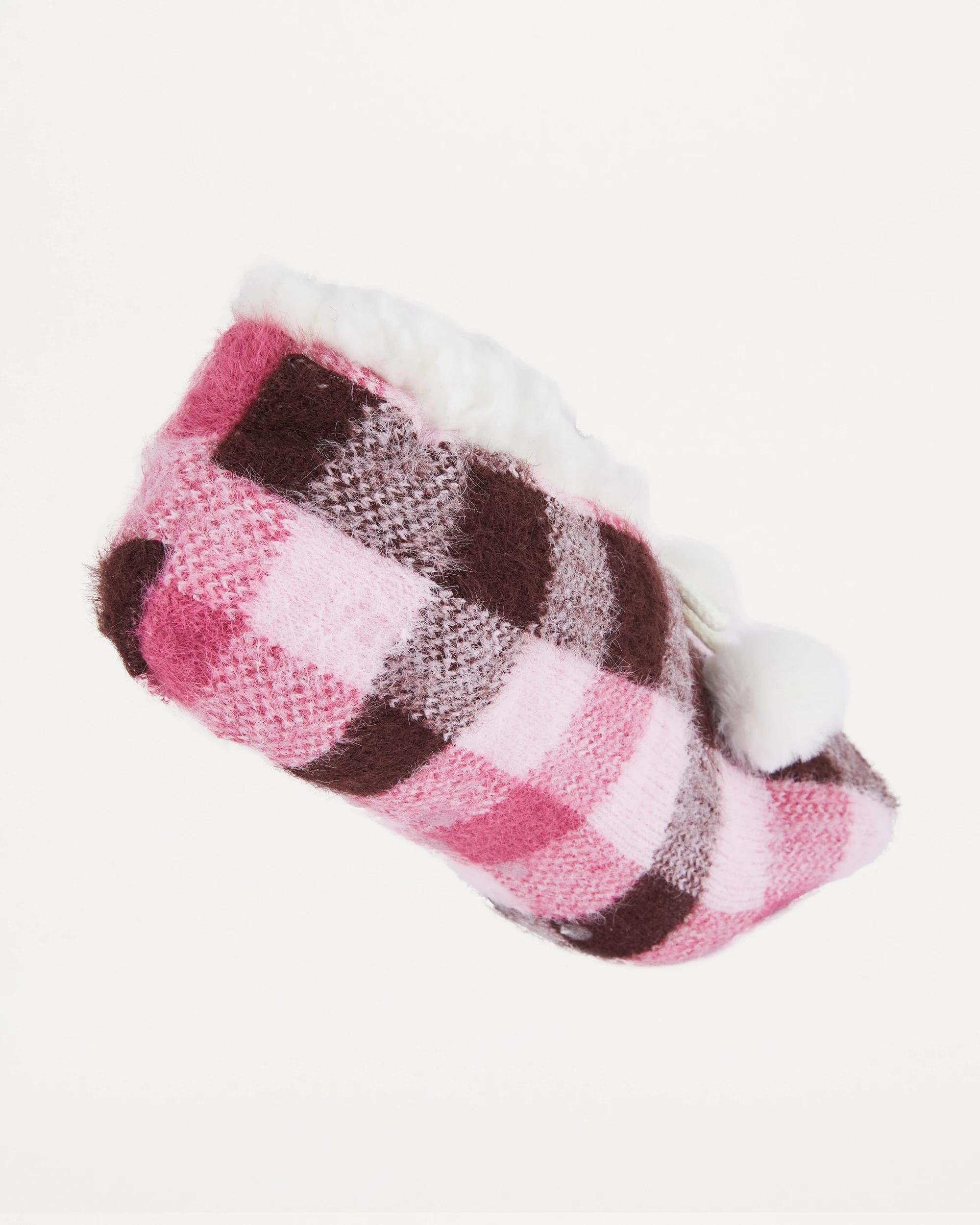 3 Sherpa Pom Pom Sockette Pink Check, 3 of 4