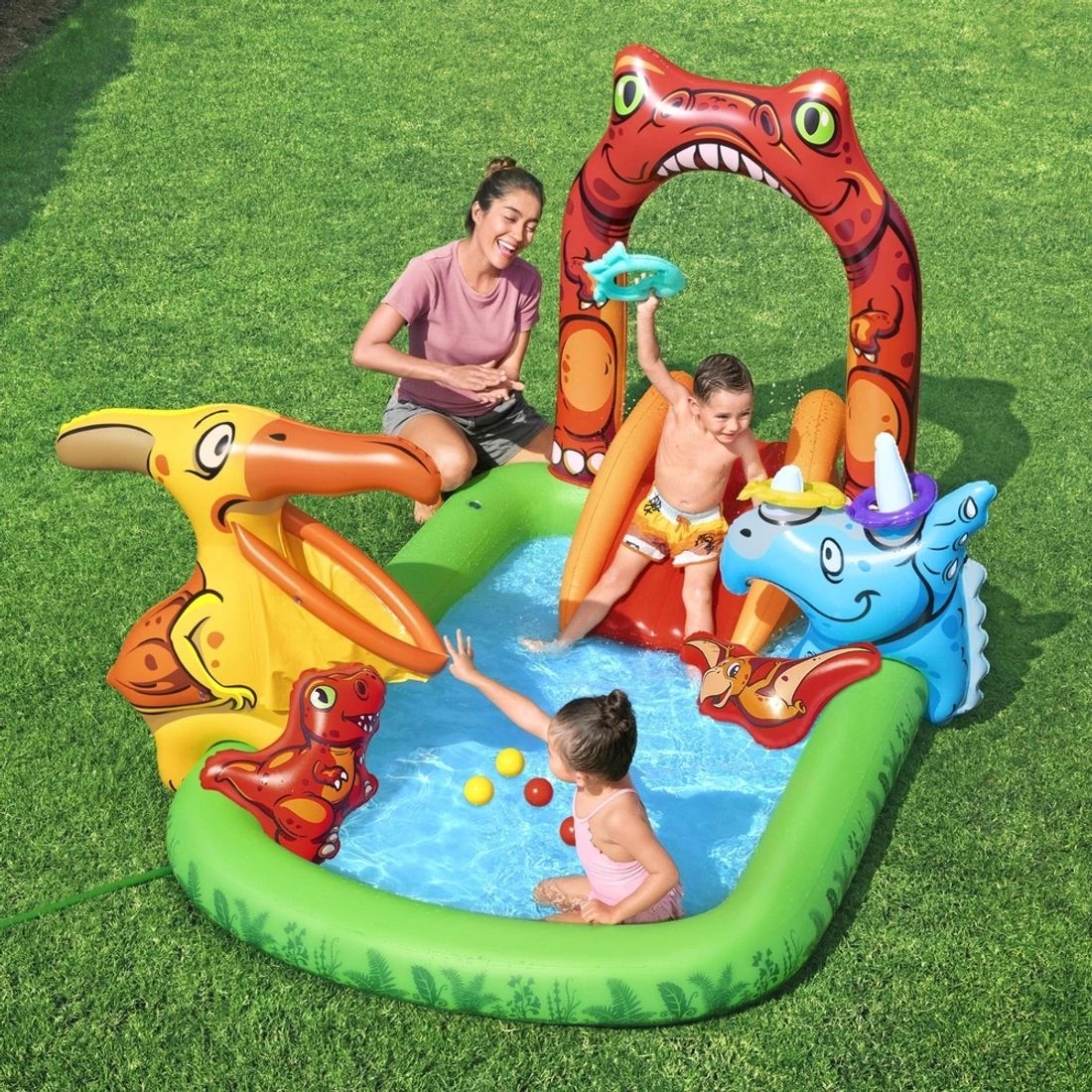 3 Bestway Kids Inflatable Play Splash Pool with Slide Ball Tossing Toys 242x140cm - Multi, 3 of 7
