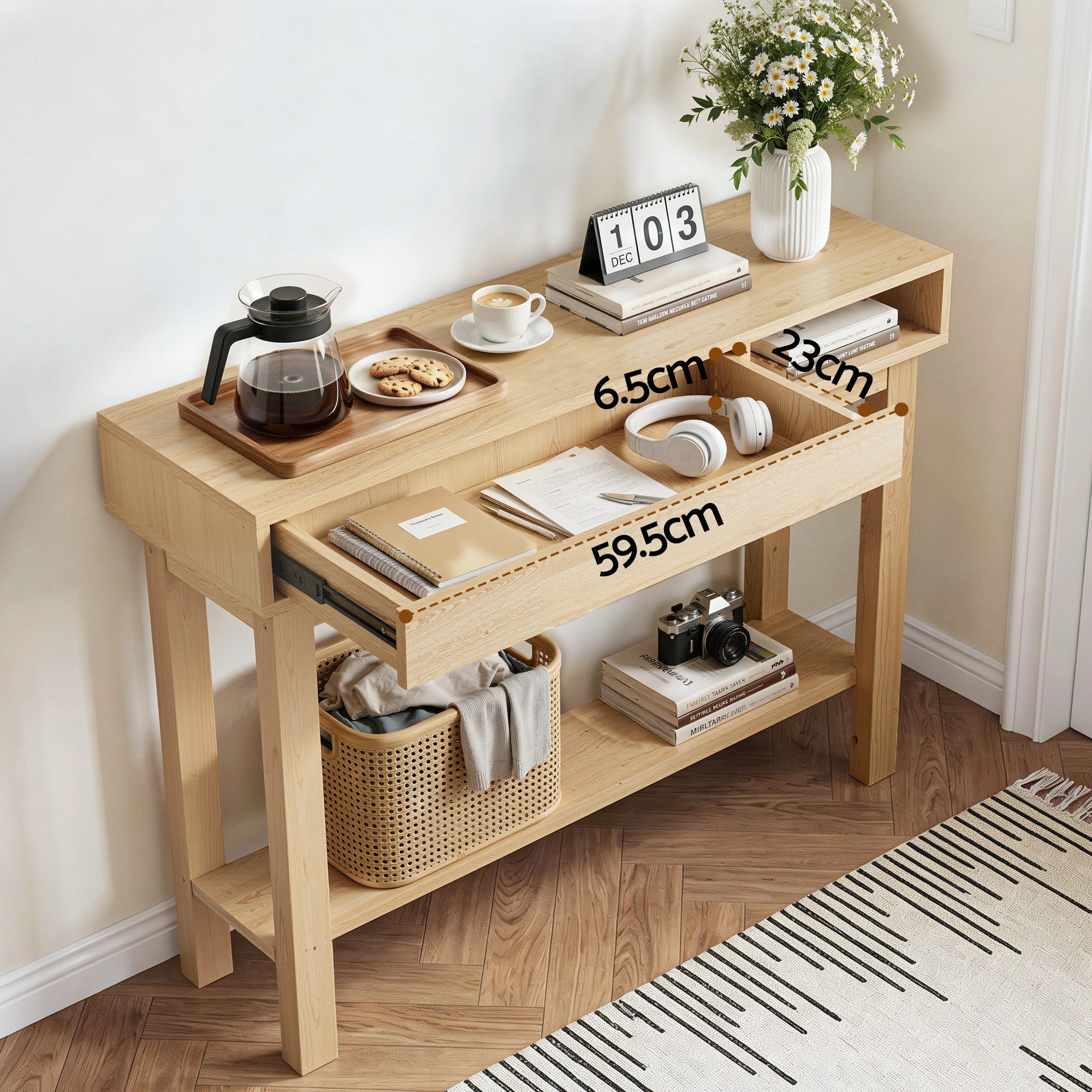 4 Artiss Console Table Entryway Hallway Sofa Side Table Drawer Shelf 100CM Wood - Natural, 4 of 8