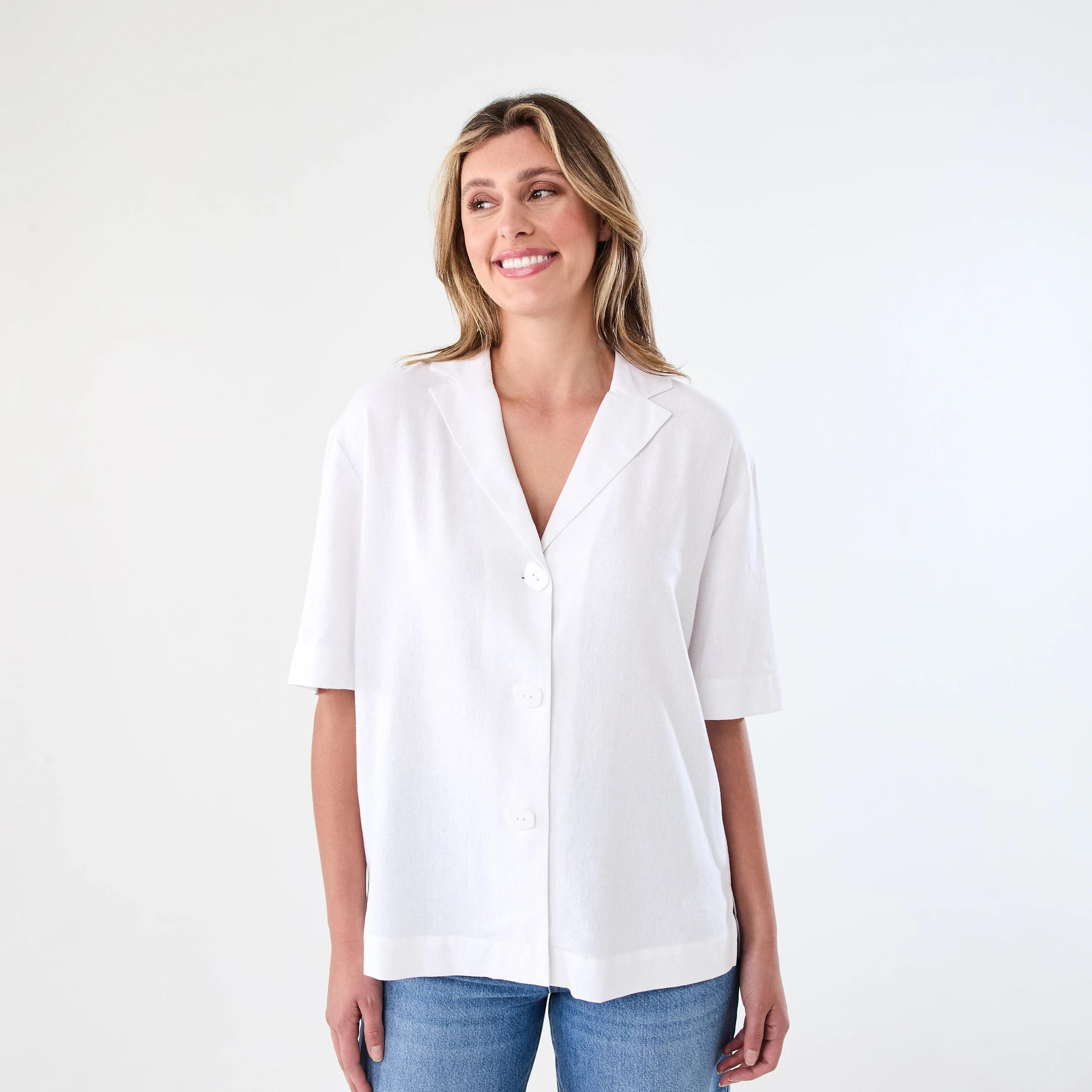 1 Short Sleeve Boxy Linen Blend Shirt WHITE, 1 of 7