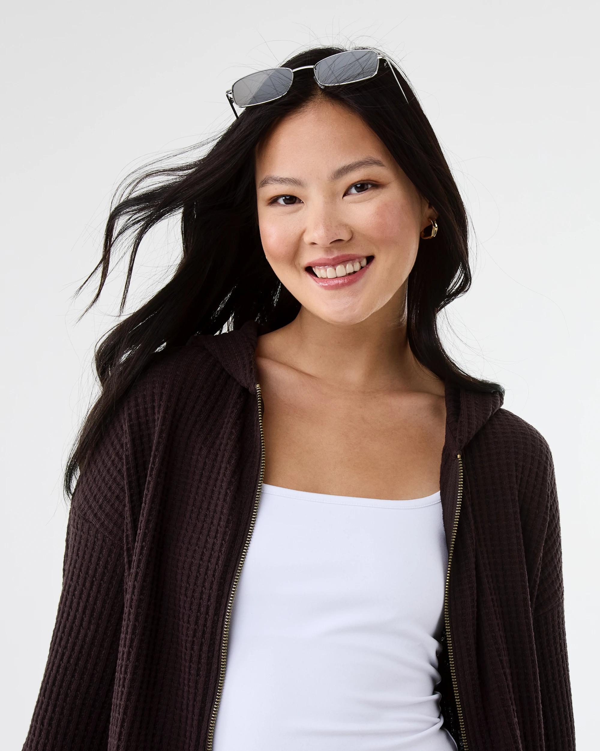 6 Waffle Zip Through Hoodie Choc Plum, 6 of 10