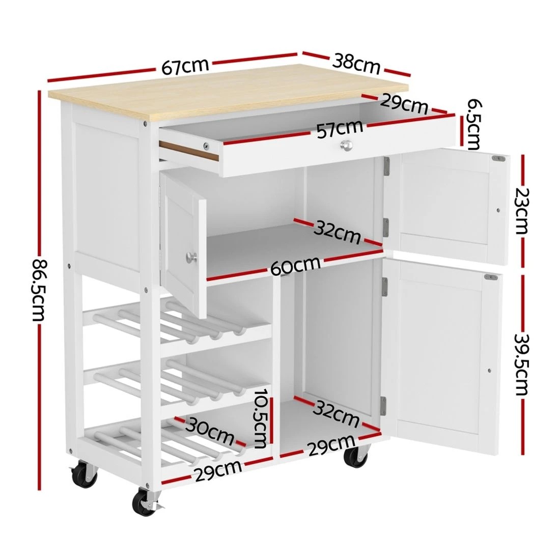 3 Artiss Kitchen Island Trolley Rolling Serving Cart Storage Cart Drawer Cupboard - White, 3 of 7